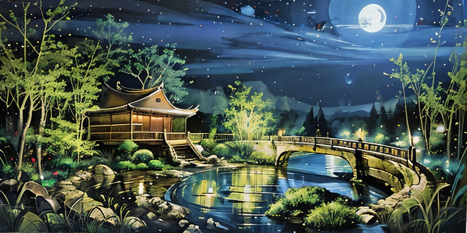 templo de monges, cachoeira, rochas, Fight scenario, night sky, floresta de bambu, lua em destaque