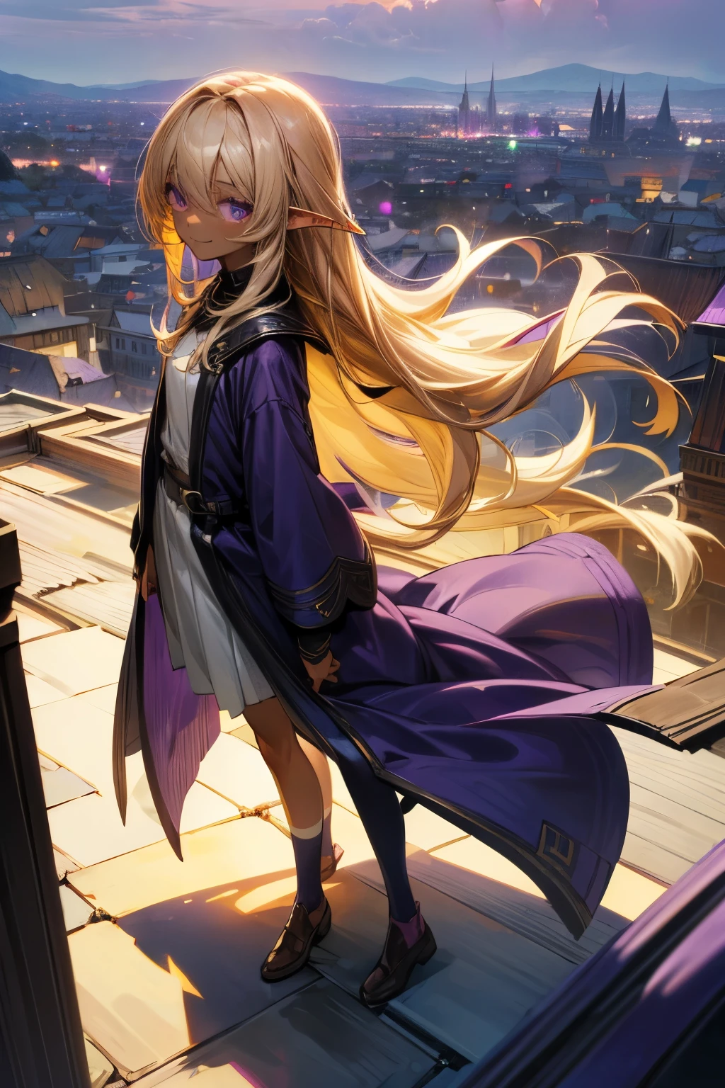 ((Masterpiece)), (Anime:1.3), ((best quality)), (RAW photo:1.2), (High Definition:1.3), (Professional Photography:1.2), (12 years old), (1girl), cute young girl, from side, BREAK, (nervous smile,:1.3), (Beautiful purple eyes:1.5), (dark skin), elf girl, wear a long cardigan, flat chest, slender waist, (hair over eyes:1.3), very long bangs, Silky straight hair, long hair, ((blond hair)), wear a long cardigan, shortpants, BREAK, ((best quality)), (walking on tiny rooftop), cityscape,
