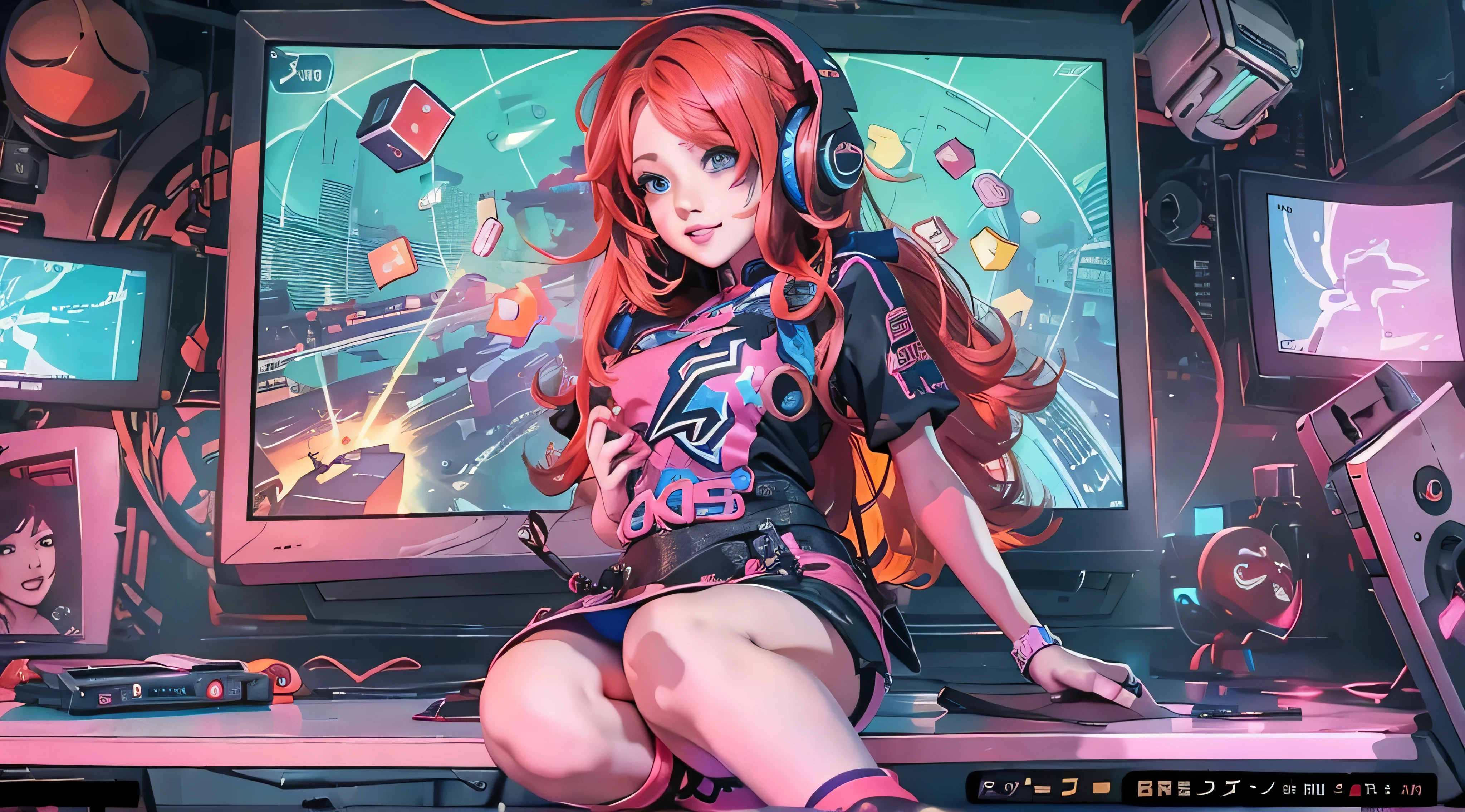 A girl redhead, wearing a colorful outfit and cosplay costume, stands in a dynamic pose. She has a playful expression on her face as she enjoys playing video games. The girl is a gamer, immersed in her virtual world, holding a console controller in one hand and a keyboard in the other. She wears headphones, symbolizing her dedication to gaming. The scene is set in a brightly lit studio with soft lighting, enhancing the vivid colors of the girl’s outfit. The composition is creative and cartoonish, with a background scenery featuring artistic interpretation of video game elements. Glowing digital effects surround the girl, adding to the energetic and action-packed atmosphere. Electric blue accents are scattered throughout the image, giving it a mysterious and futuristic feel. Overall, the prompt aims to capture the fun, enthusiasm, and creativity associated with gaming, while showcasing the girl's passion and love for video games in an anime-style artwork.
Gamer girl redhead sexy outfit slim body