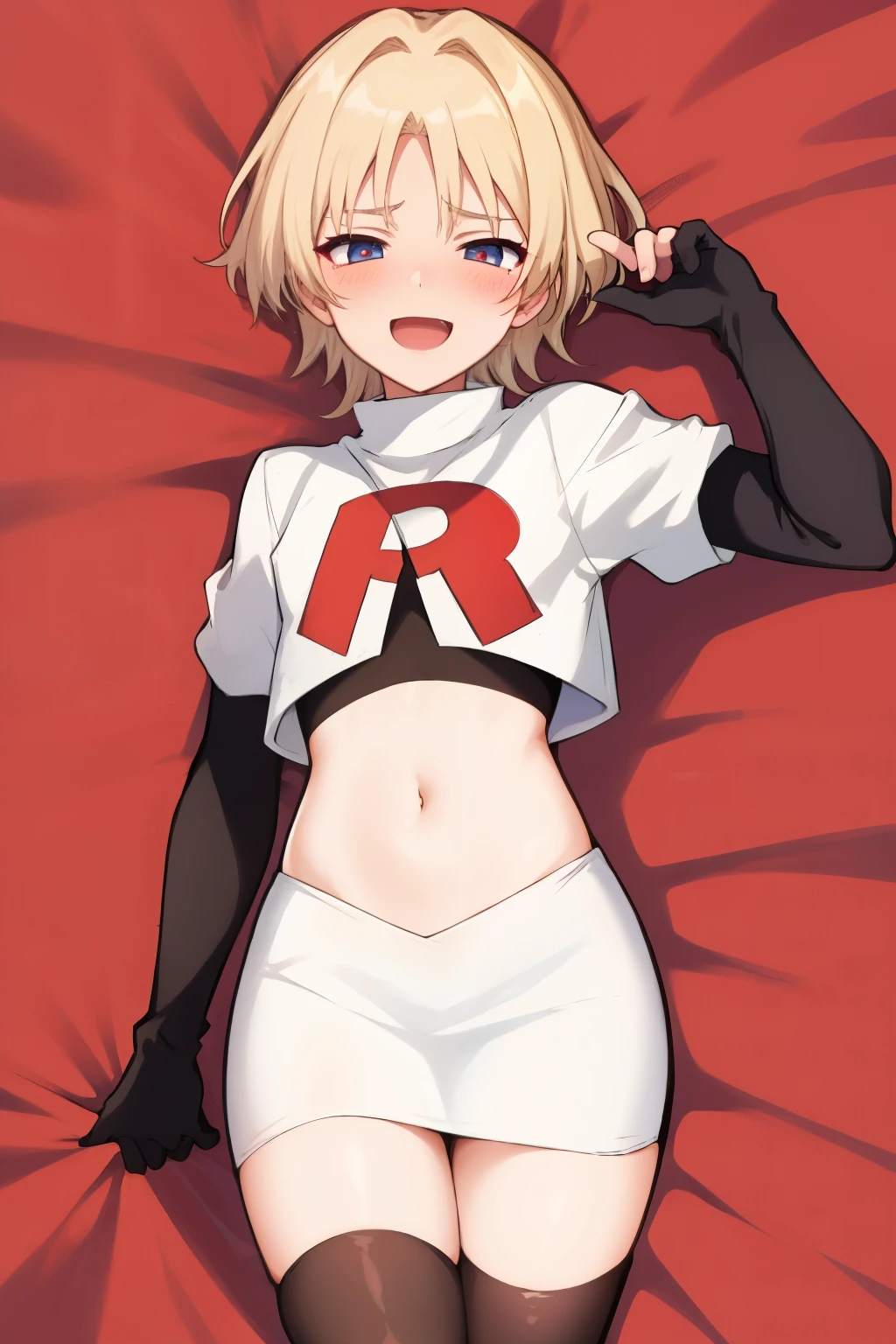 absurdres,masterpiece, trap, best quality, highres, high quality, 1boy, solo, male focus, hair, crossdressing,1boy,team rocket,team rocket uniform,white skirt,red letter R,crop top,black thigh-highs,black elbow gloves, evil laugh, blush