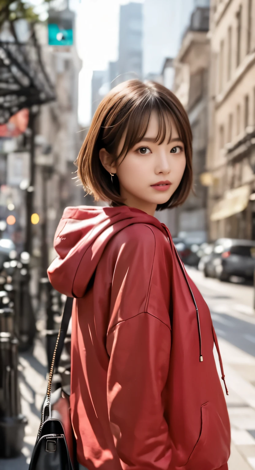 red hoodie:1.3, medium bob