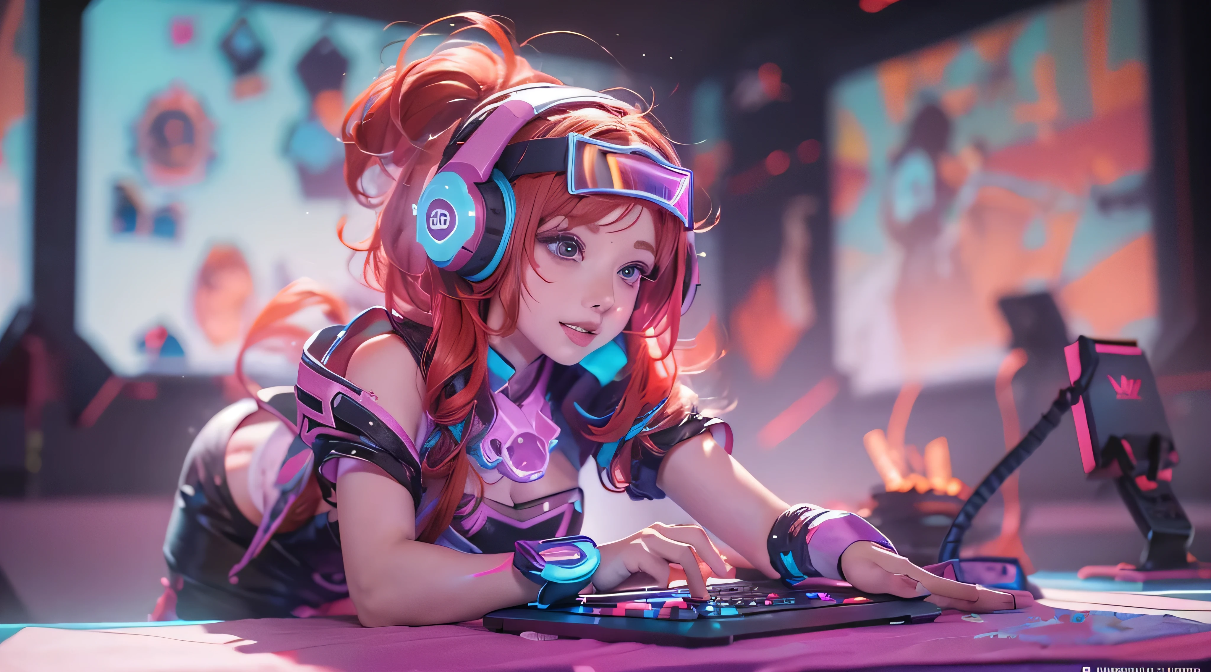 A girl redhead, wearing a colorful outfit and cosplay costume, stands in a dynamic pose. She has a playful expression on her face as she enjoys playing video games. The girl is a gamer, immersed in her virtual world, holding a console controller in one hand and a keyboard in the other. She wears headphones, symbolizing her dedication to gaming. The scene is set in a brightly lit studio with soft lighting, enhancing the vivid colors of the girl’s outfit. The composition is creative and cartoonish, with a background scenery featuring artistic interpretation of video game elements. Glowing digital effects surround the girl, adding to the energetic and action-packed atmosphere. Electric blue accents are scattered throughout the image, giving it a mysterious and futuristic feel. Overall, the prompt aims to capture the fun, enthusiasm, and creativity associated with gaming, while showcasing the girl's passion and love for video games in an anime-style artwork.
Gamer girl redhead sexy outfit slim body