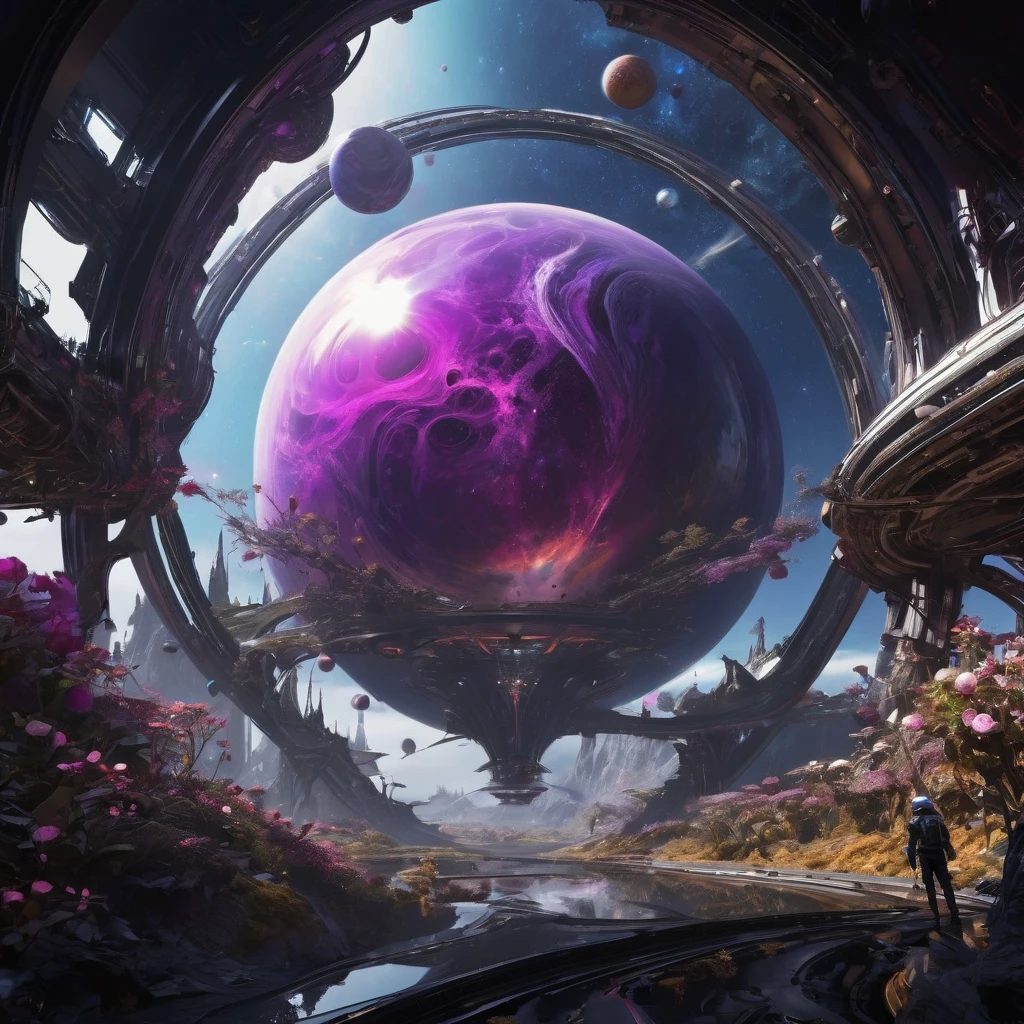 alien landscape, aesthetic, extremely detailed, astronaut in Zero Gravity Galaxy, discovery a Purple Rose in black hole !!!, breathtaking borderland fantasycore artwork by Android_Jones, Jean Baptiste monge, Alberto Seveso, James Jean, Jeremy Mann, maximalist highly detailed and intricate professional photography, masterpiece, 8k resolution concept art trending on Artstation, triadic colors, Unreal Engine 5 cg society