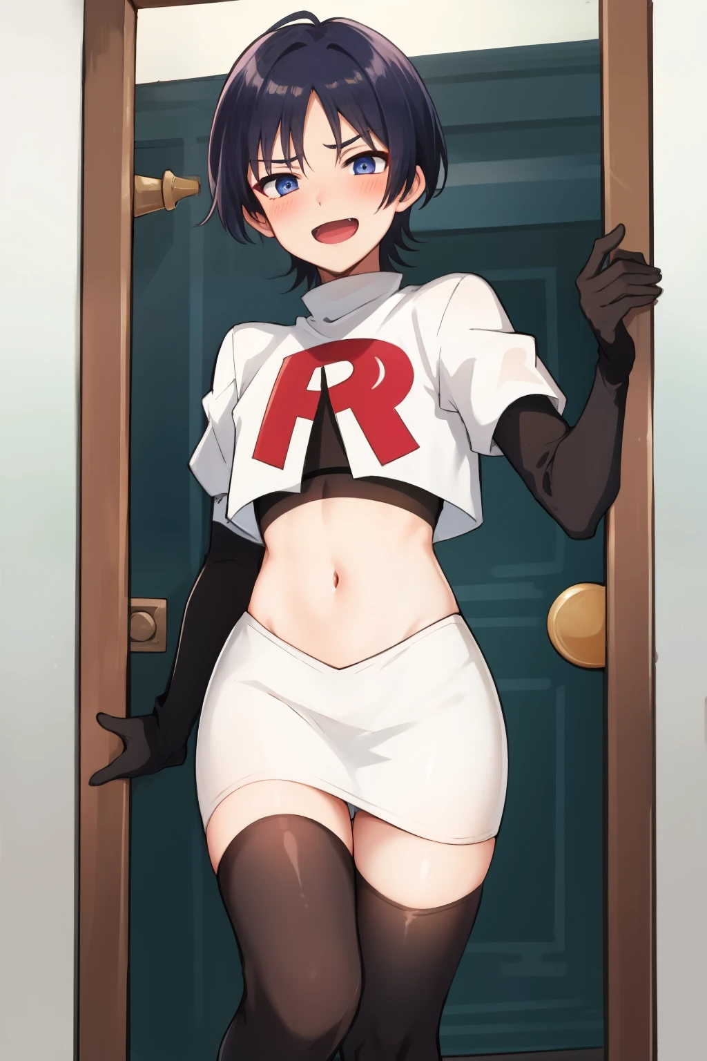 absurdres,masterpiece, trap, best quality, highres, high quality, 1boy, solo, male focus, hair, crossdressing,1boy,team rocket,team rocket uniform,white skirt,red letter R,crop top,black thigh-highs,black elbow gloves, evil laugh, blush
