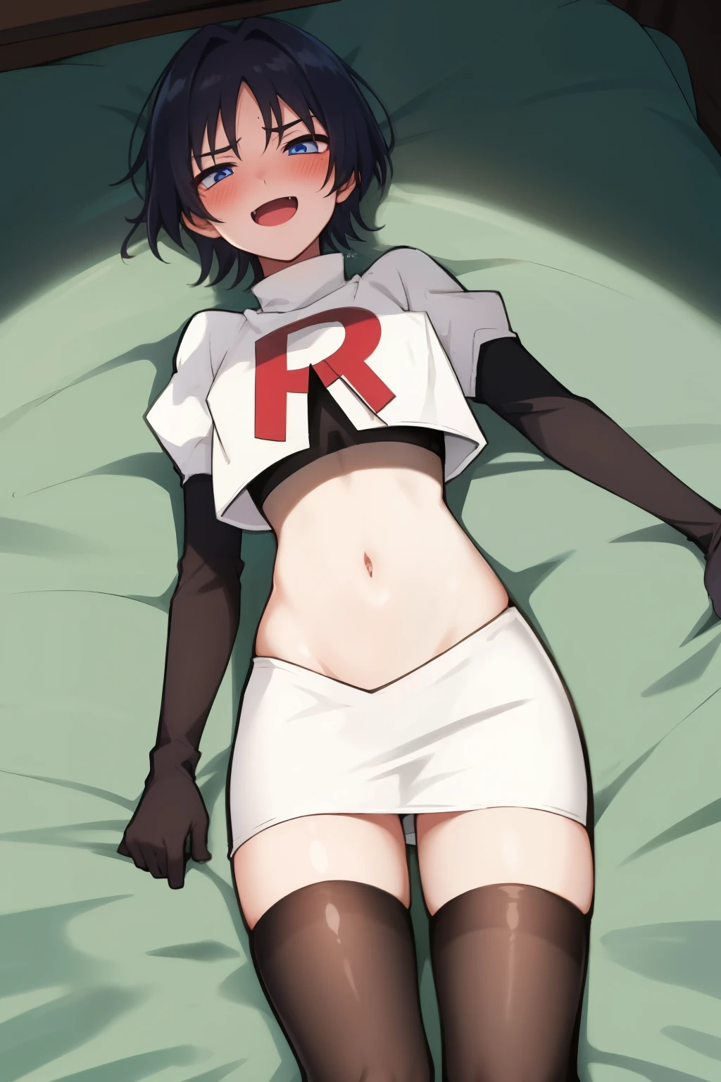 absurdres,masterpiece, trap, best quality, highres, high quality, 1boy, solo, male focus, hair, crossdressing,1boy,team rocket,team rocket uniform,white skirt,red letter R,crop top,black thigh-highs,black elbow gloves, evil laugh, blush