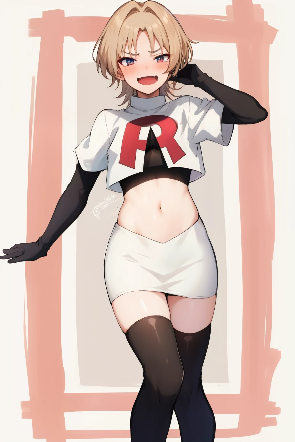 absurdres,masterpiece, trap, best quality, highres, high quality, 1boy, solo, male focus, hair, crossdressing,1boy,team rocket,team rocket uniform,white skirt,red letter R,crop top,black thigh-highs,black elbow gloves, evil laugh, blush