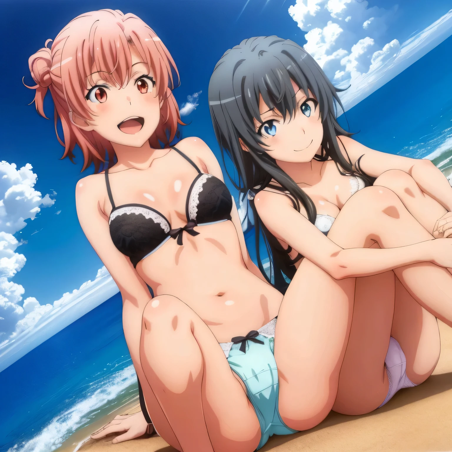 2 girls , Yukinoshita Yukino , yuigahama yui'bust and thighs are great,In underwear,spread legs,jump,Ocean,sit facing forward,belly button,light pink panties,white panties,thighs,knees,(high angle),(beautiful eyes),open mouth smile,Insert your head