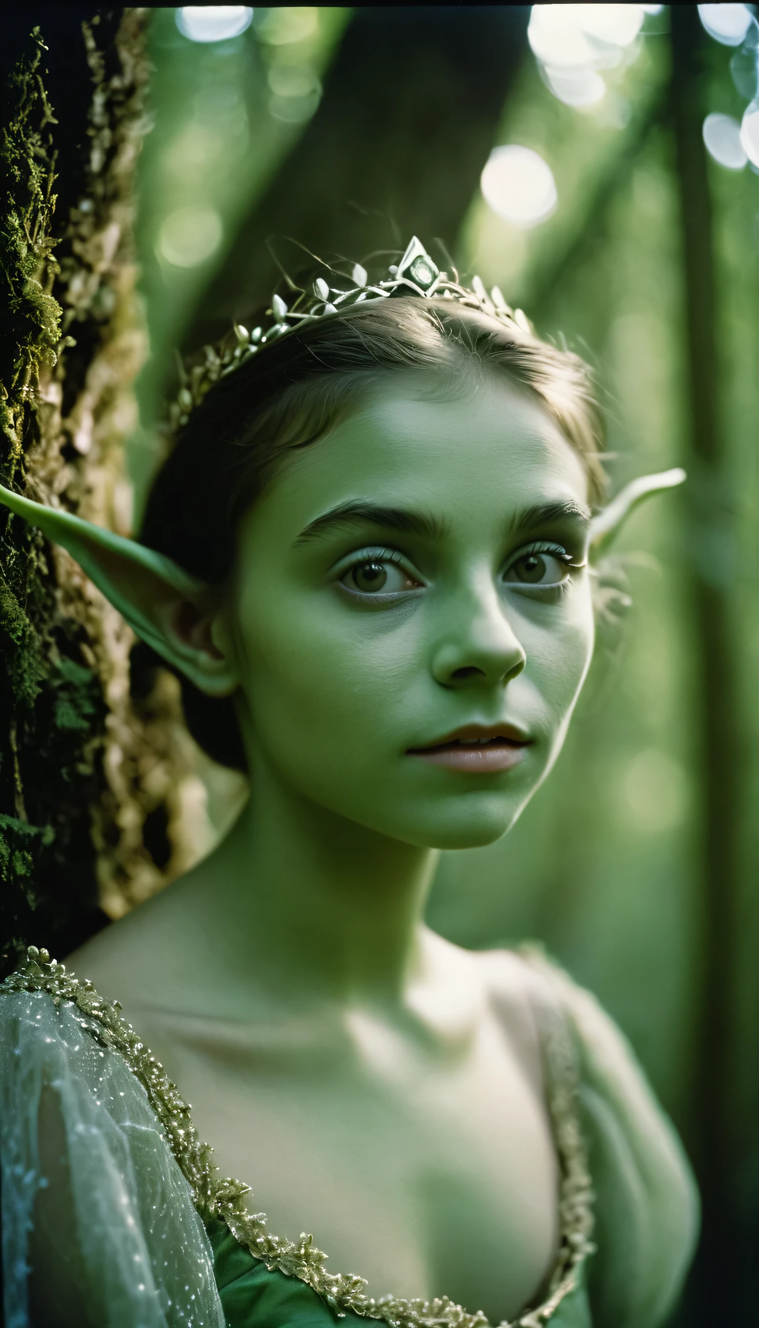 analog film photo, photo of young goblin princess, female, 16 years-old, greenish skin, diminutive build, pointy ears, upturned nose, slitted pupils, pretty, natural beauty, mystical forest, RAW Photograph, dslr, soft lighting, high quality, film grain, Fujifilm XT3, detailed skin with visible pores, insane details, masterpiece, 8k, 35mm photograph, dslr, kodachrome, faded film, desaturated, 35mm photo, grainy, vintage, Kodachrome, Lomography, stained, highly detailed, found footage, close-up shot