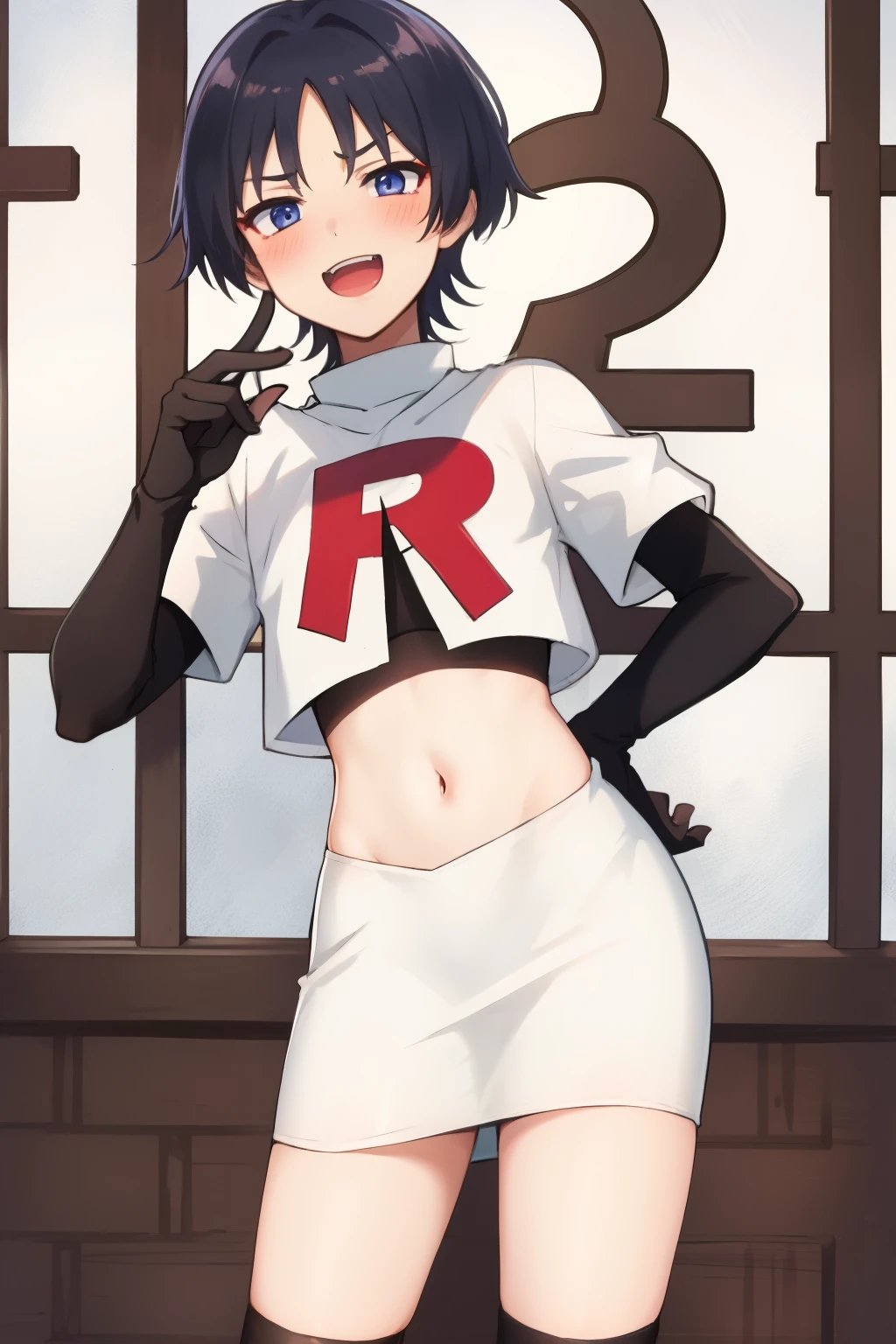 absurdres,masterpiece, trap, best quality, highres, high quality, 1boy, solo, male focus, hair, crossdressing,1boy,team rocket,team rocket uniform,white skirt,red letter R,crop top,black thigh-highs,black elbow gloves, evil laugh, blush