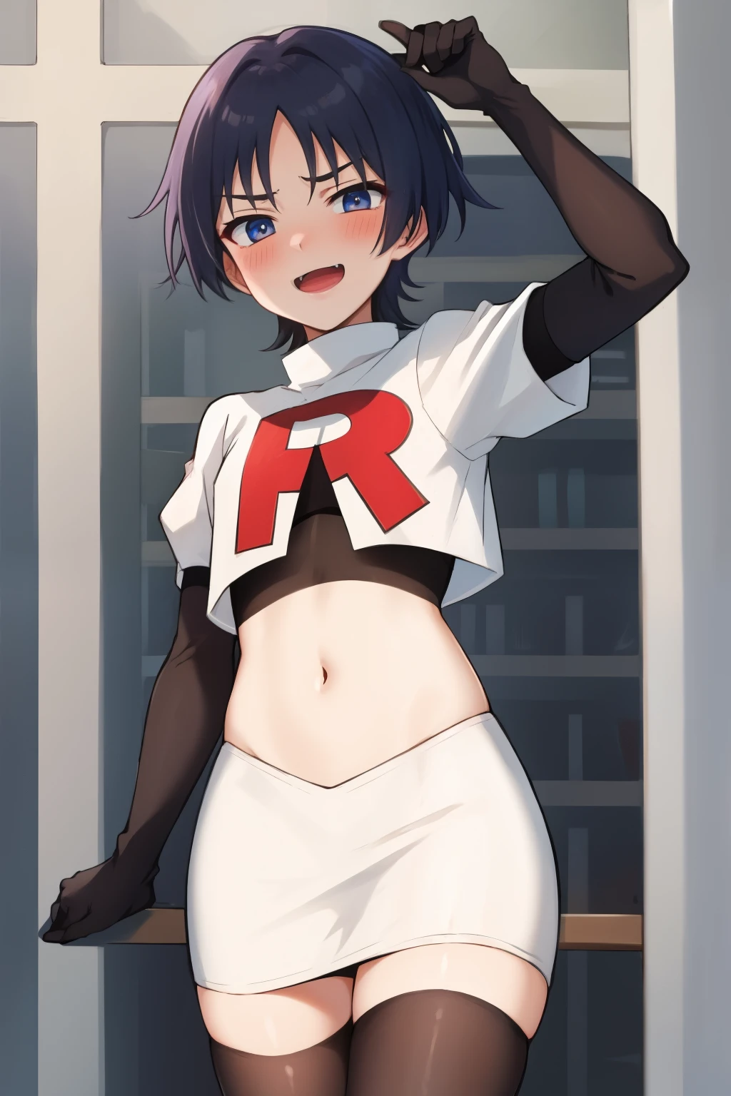 absurdres,masterpiece, trap, best quality, highres, high quality, 1boy, solo, male focus, hair, crossdressing,1boy,team rocket,team rocket uniform,white skirt,red letter R,crop top,black thigh-highs,black elbow gloves, evil laugh, blush