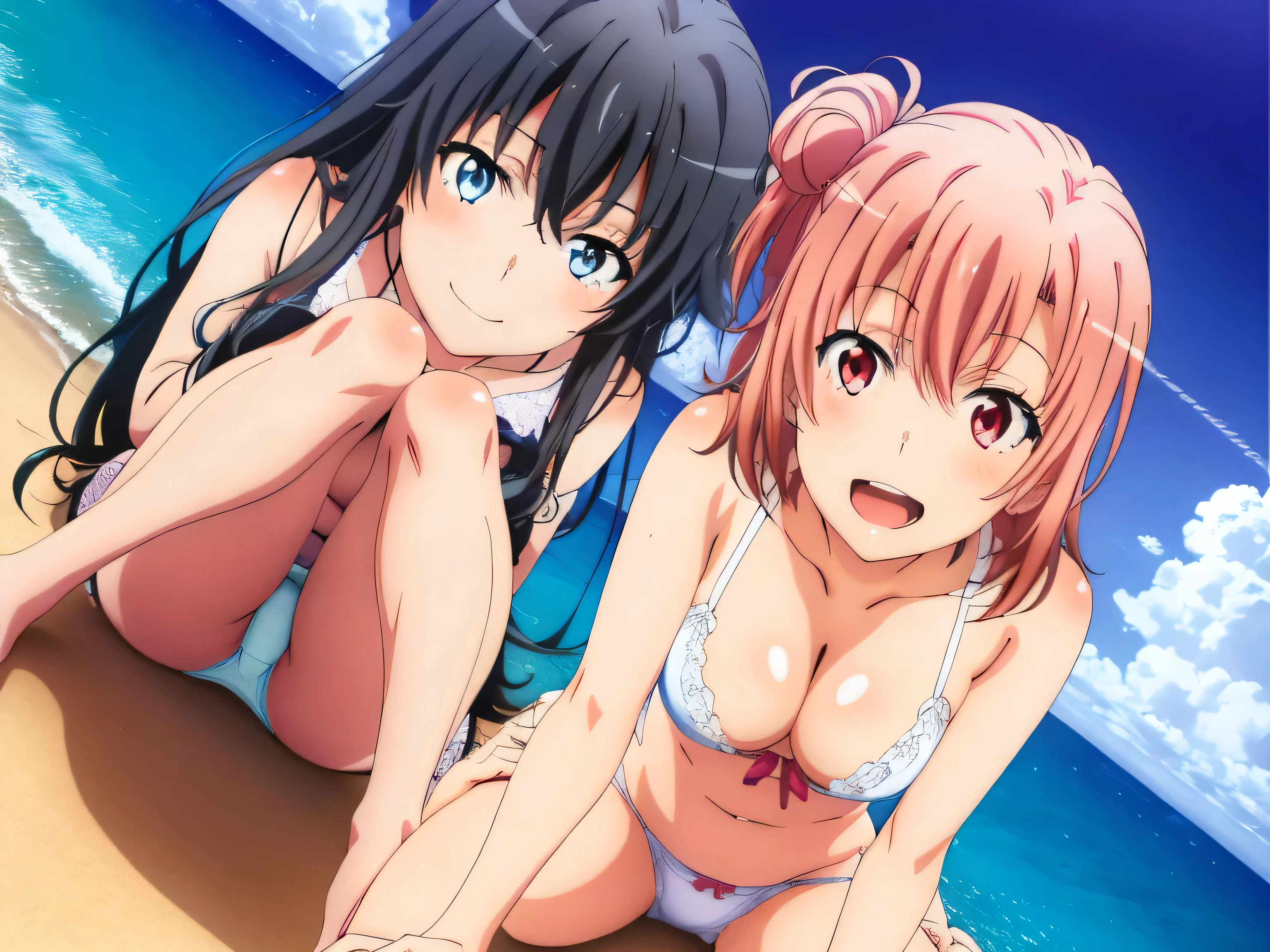 2 girls , Yukinoshita Yukino , yuigahama yui'bust and thighs are great,In underwear,spread legs,jump,Ocean,sit facing forward,belly button,light pink panties,white panties,thighs,knees,(high angle),(beautiful eyes),open mouth smile,Insert your head