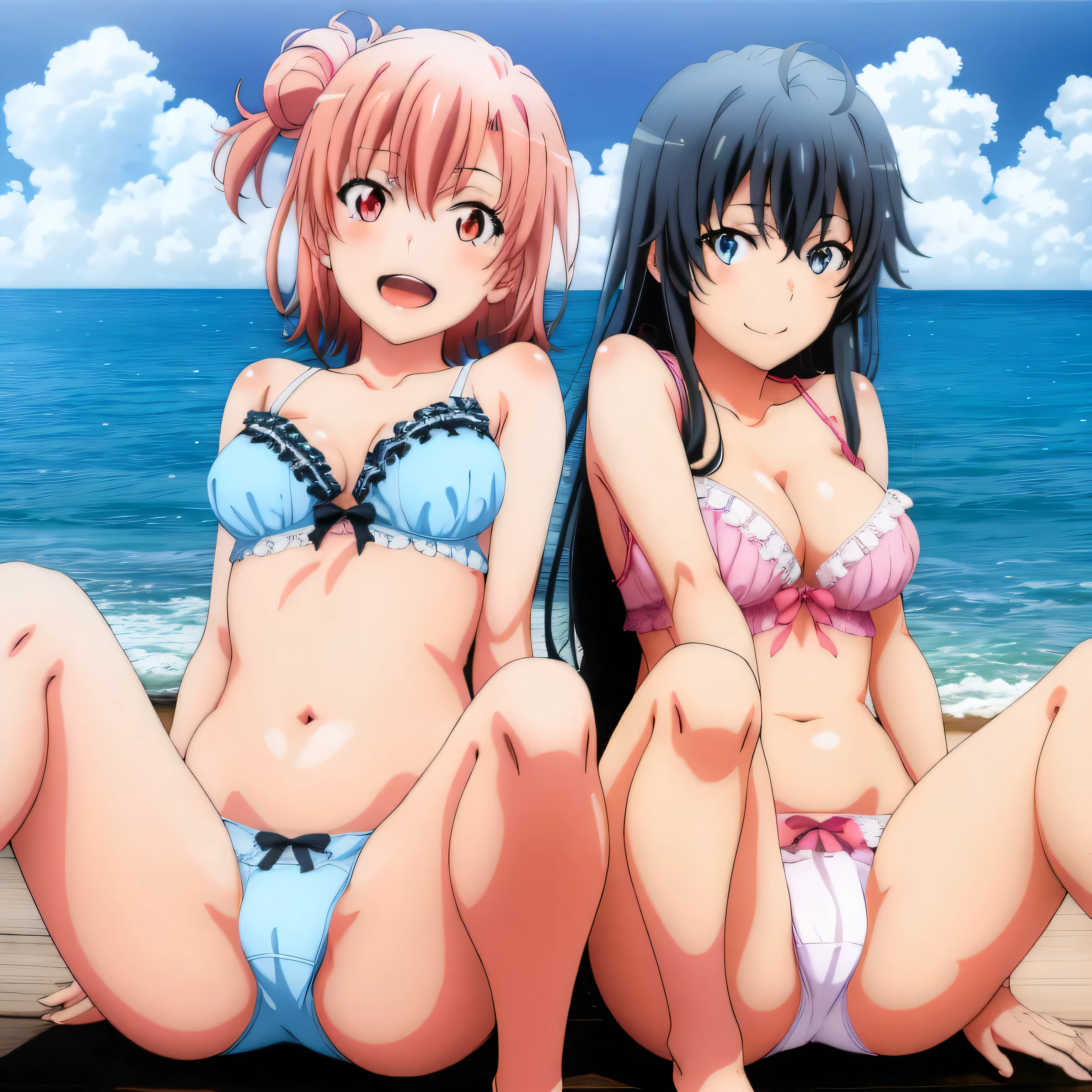 2 girls , Yukinoshita Yukino , yuigahama yui&#39;bust and thighs are great,In underwear,spread legs,jump,Ocean,sit facing forward,belly button,light pink panties,white panties,thighs,knees,(high angle),(beautiful eyes),open mouth smile,Insert your head