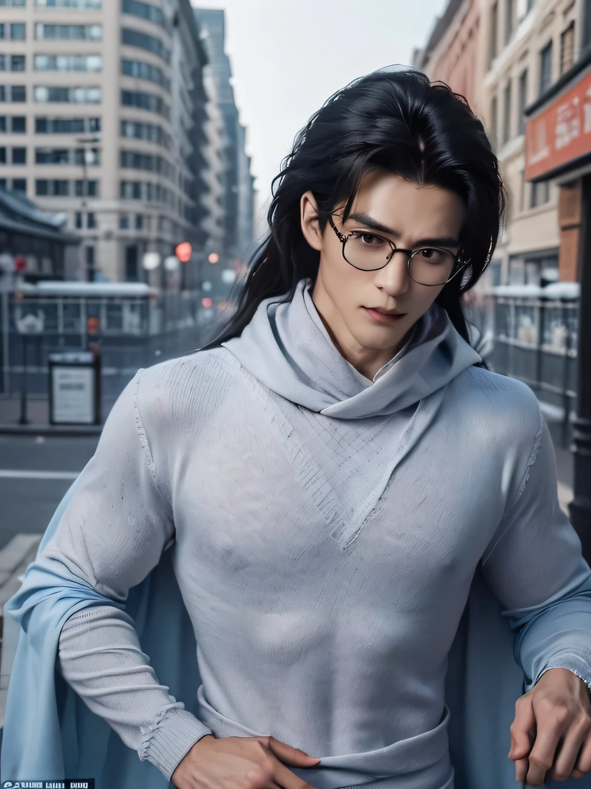  (Male character design），（Messy white flying long hair：1.2）, （Affectionate Chinese handsome man Lan Ling wearing glasses looks at the camera：1.37），（Pan An’s outfits for modern and fashionable men&#39;s blue sweater suit pants：1.37），Pan An’s skin is fair and flawless，The bridge of his nose is high and straight，(long,Messy shawl hair：1.1），（double eyelids, Bright Eyes, Clear and bright big eyes），sad prince，Food with red lips and white teeth，gentle melancholy，Pan An is tall and tall.，He has a strong physique，toned muscles，Fresh and toned abs, His exquisite facial features，King style， （Main color blue：0.8）