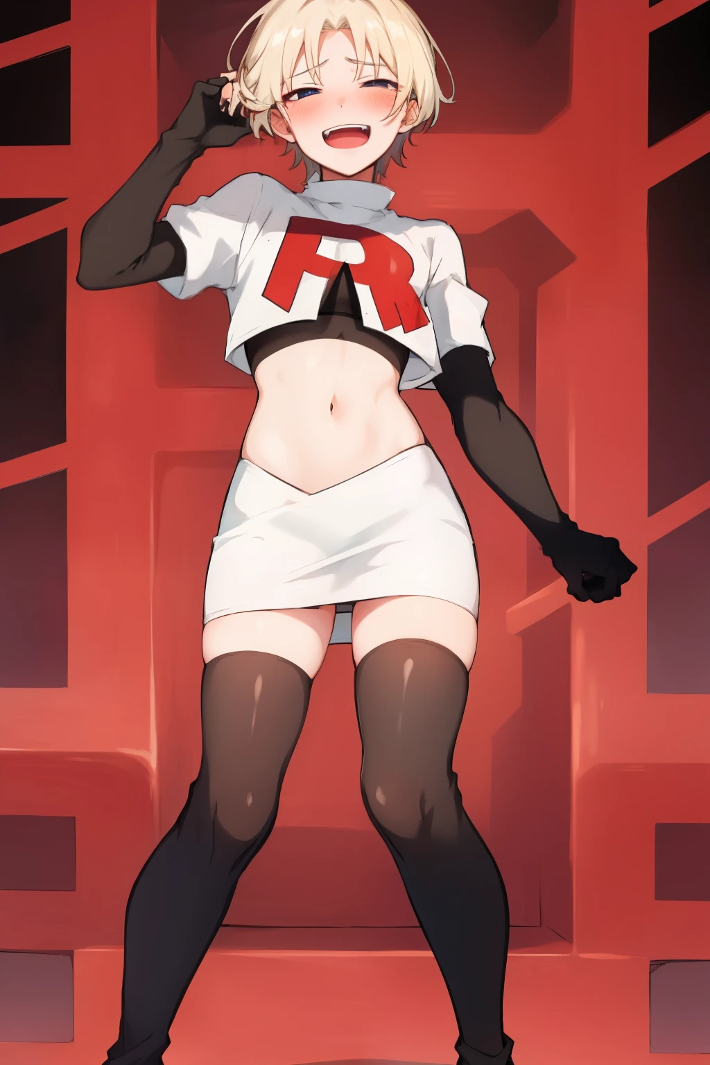 absurdres,masterpiece, trap, best quality, highres, high quality, 1boy, solo, male focus, hair, crossdressing,1boy,team rocket,team rocket uniform,white skirt,red letter R,crop top,black thigh-highs,black elbow gloves, evil laugh, blush