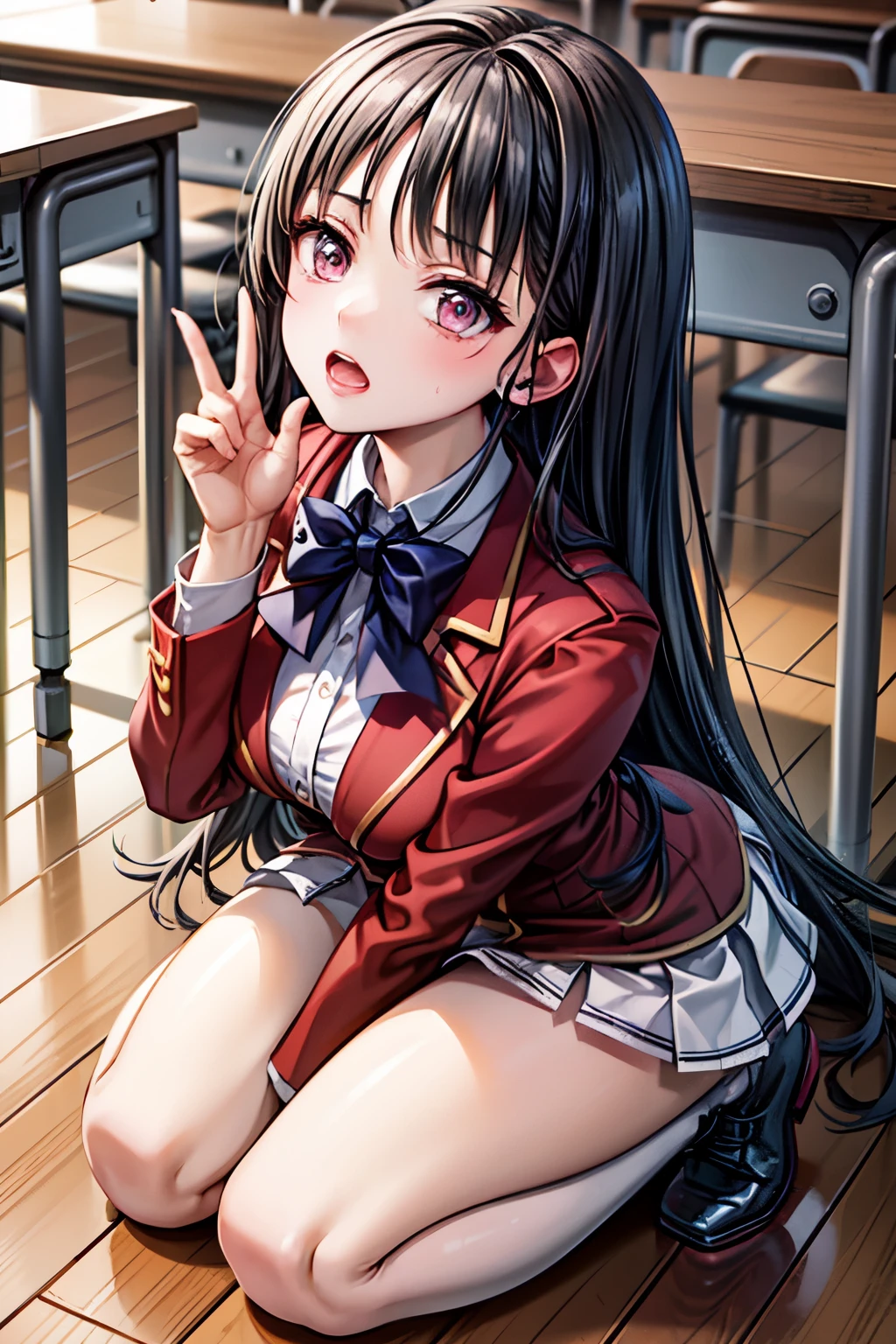 ((best quality)), ((masterpiece)), (detailed), perfect face, 1girl, pettied highschool girl, black hair, red/purple eyes, white shirt, white mini skirt, red jacket, black stockings, kneeling on a floor in a classroom, looking up at viewer, flushed cheeks, drops of sweat rolling down her face, looking embarressed, open mouth, detailed, 8k, high resolution, masterpiece, horikita suzune, classroom of the elite, full body