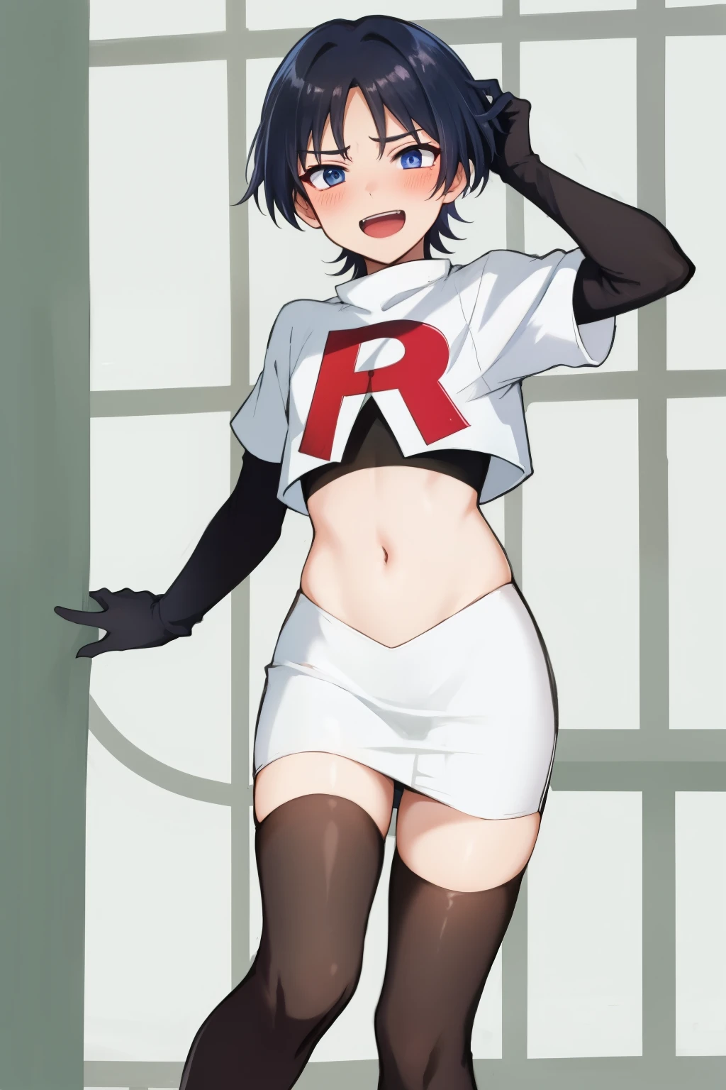 absurdres,masterpiece, trap, best quality, highres, high quality, 1boy, solo, male focus, hair, crossdressing,1boy,team rocket,team rocket uniform,white skirt,red letter R,crop top,black thigh-highs,black elbow gloves, evil laugh, blush