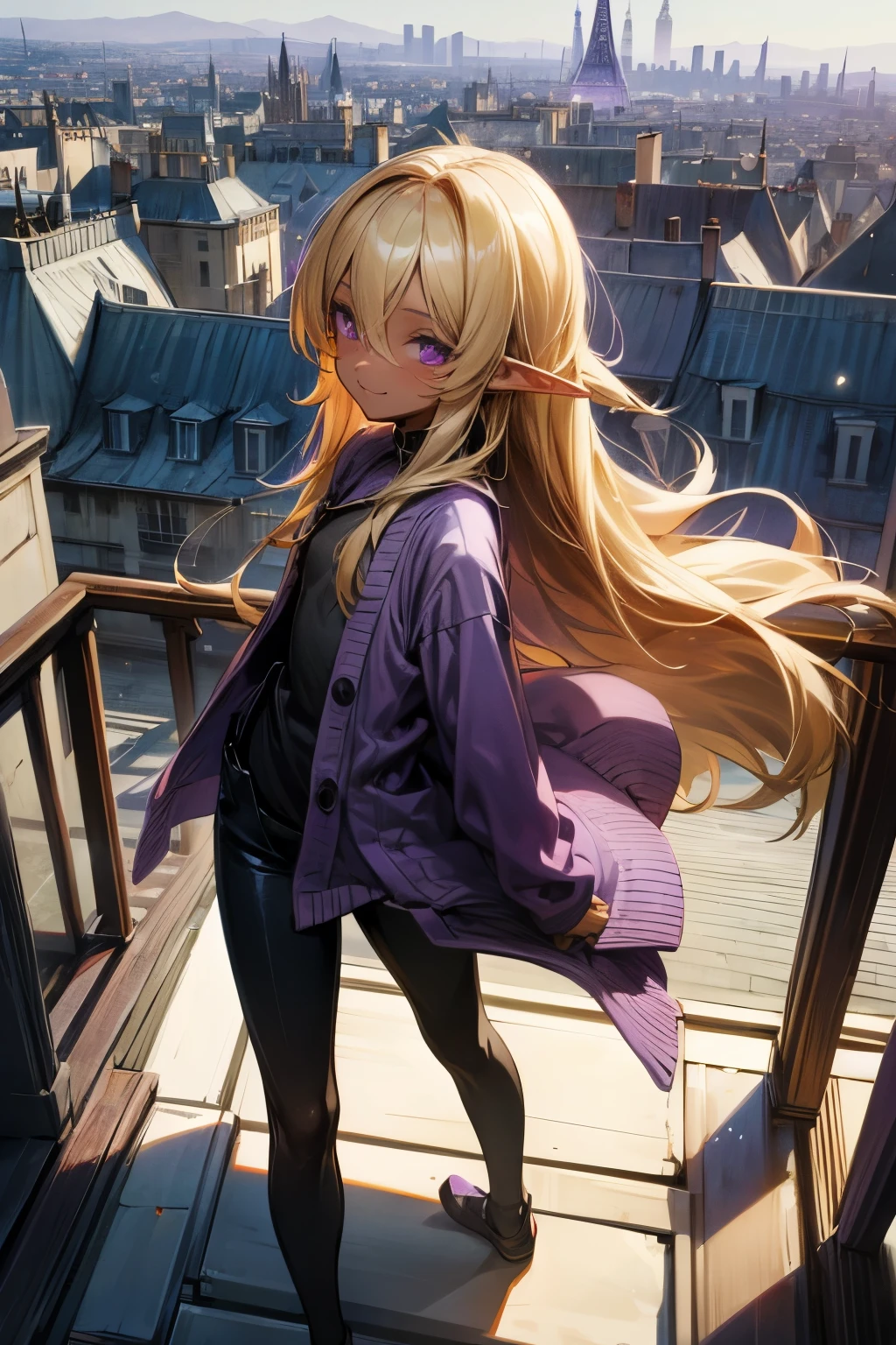 ((Masterpiece)), (Anime:1.3), ((best quality)), (RAW photo:1.2), (High Definition:1.3), (Professional Photography:1.2), (12 years old), (1girl), cute young girl, from side, BREAK, (nervous smile,:1.3), (Beautiful purple eyes:1.5), (dark skin), elf girl, wear a long cardigan, flat chest, slender waist, (hair over eyes:1.3), very long bangs, Silky straight hair, long hair, ((blond hair)), wear a long cardigan, shortpants, BREAK, ((best quality)), (walking on tiny rooftop), paris cityscape,