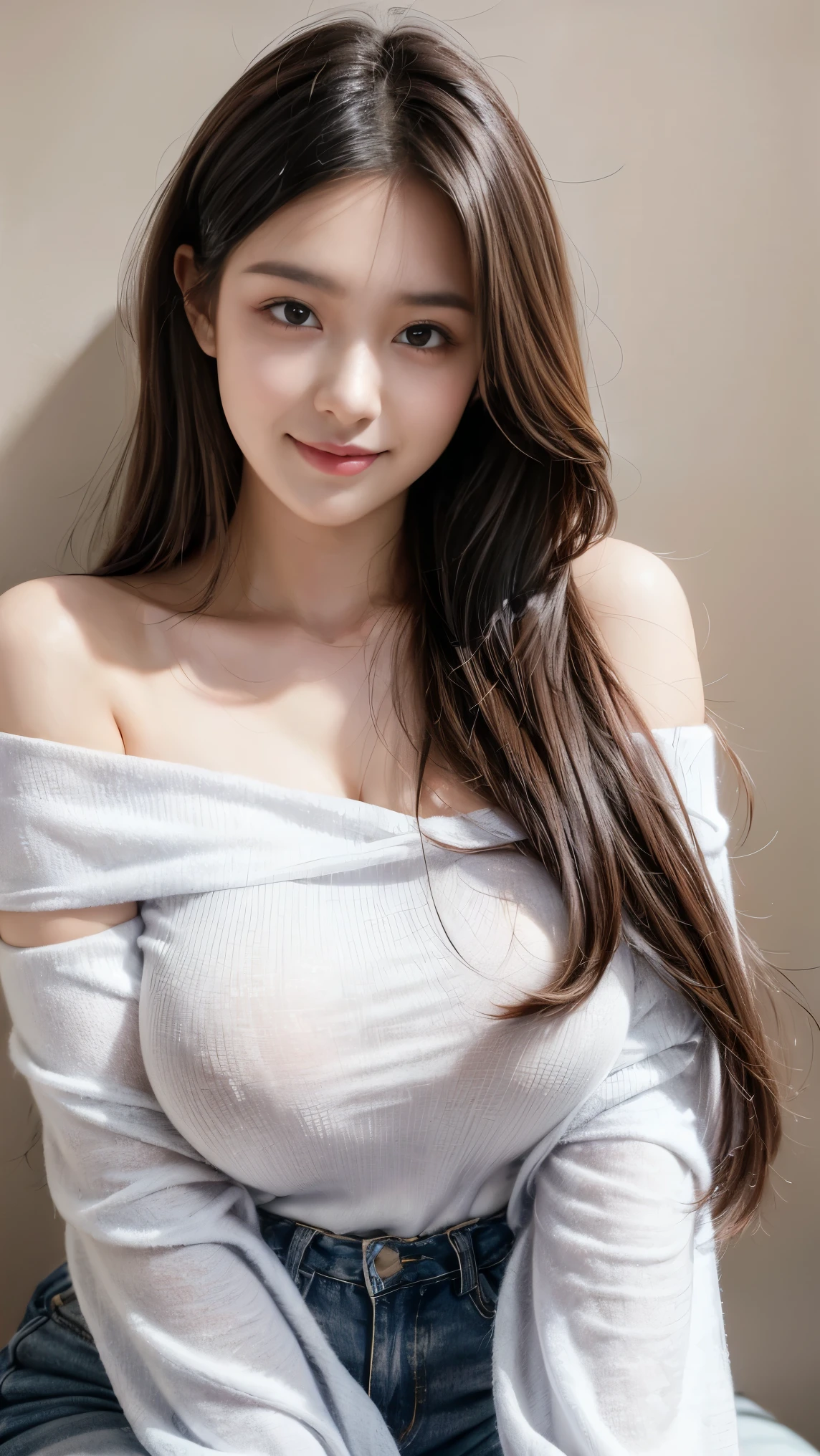 I am a 19 year old age girl, slightly large hips, long straight hair, ((hair detail)) (face detail), round face, smiling, masterpiece, high resolution, ((skin detail)), (face detail), (hair detail)), big , innocent girl, face, soft girl, beautiful breasts, pale skin, realistic lighting, (((Off-the-shoulder clothing))), (casual wear), cute hair accesories, show cleavage, (wearing a oversize tshirt), Ultra HD, ultra realistic, FHD,