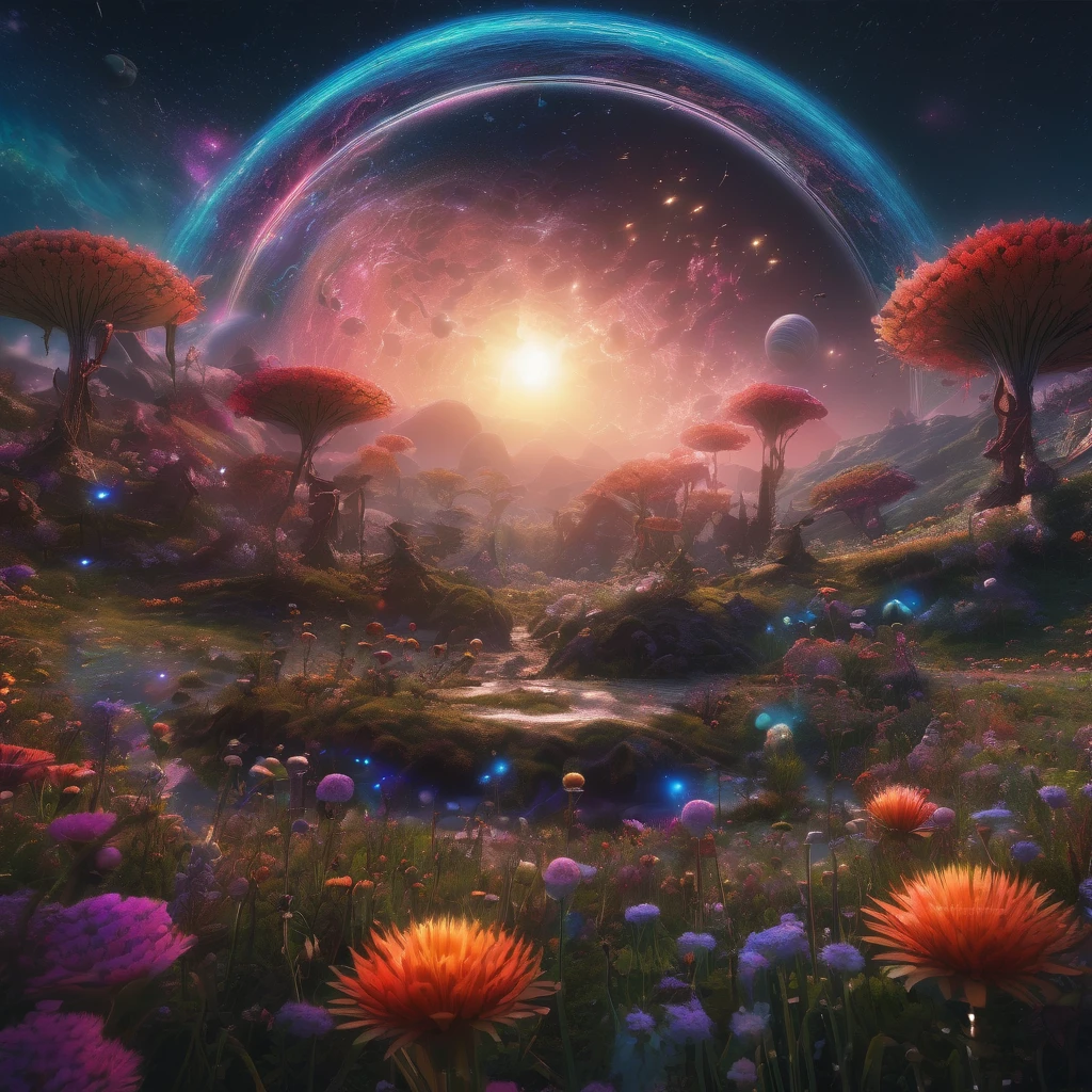 alien landscape, aesthetic, extremely detailed, Aliens holding hands in a circle in a meadow of alien flowers, galaxies and planets in the sky, detailed matte painting, deep color, fantastical, intricate detail, splash screen, complementary colors, fantasy concept art, 8k resolution trending on Artstation Unreal Engine 5