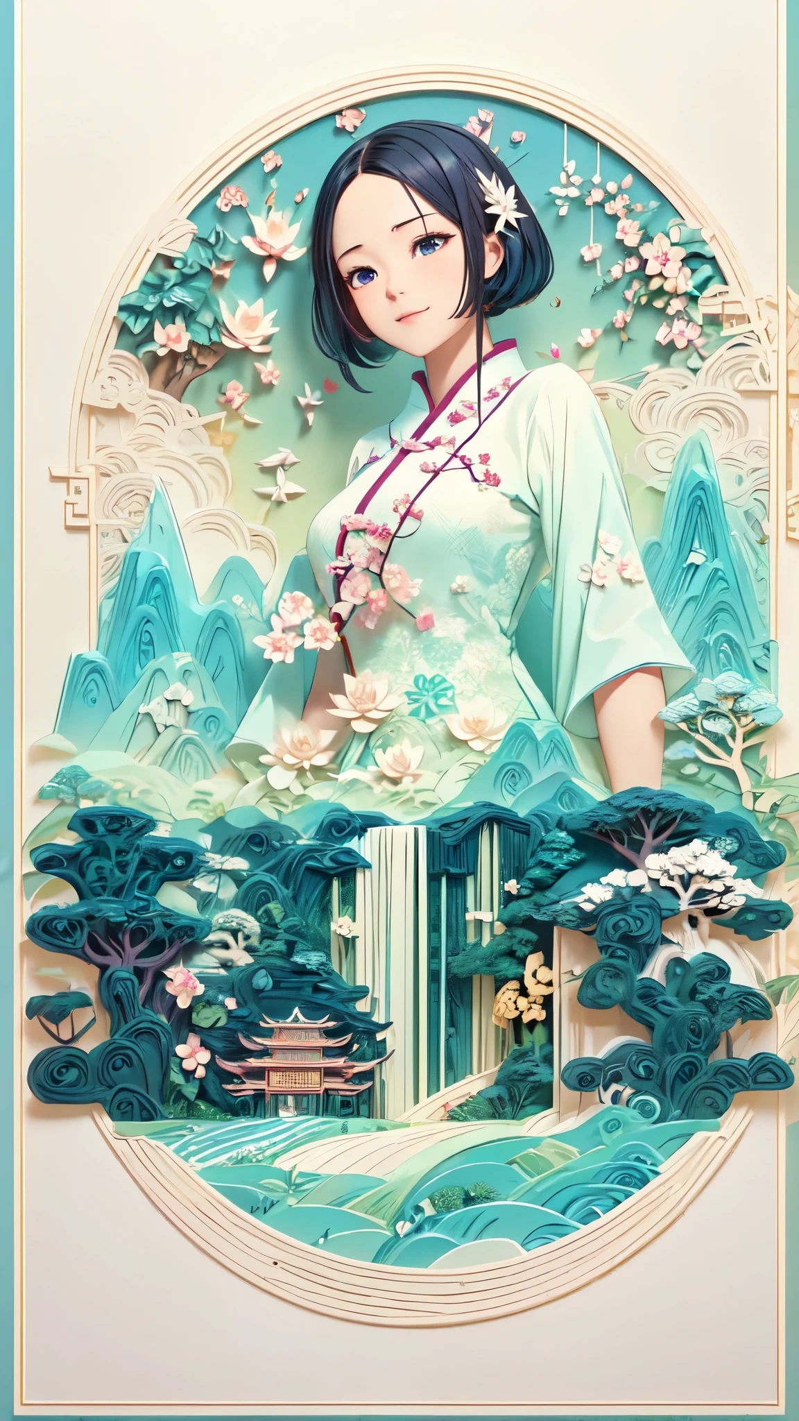 (Digital art)，Mountain, trees, river，flowers，lotus，1 girl, black hair, Smile,Exquisite Cheongsam,Beautiful hair accessories,(Oriental elements, Chinese color, Advanced color matching),  (3D sculpture，Render by Octane，Volumetric light，natural soft light，), (Super exquisite:1.2, Loss of focus:1.2, Very colorful, movie lighting, chiaroscuro,Ray tracing), masterpiece, super rich,super detailed,8K