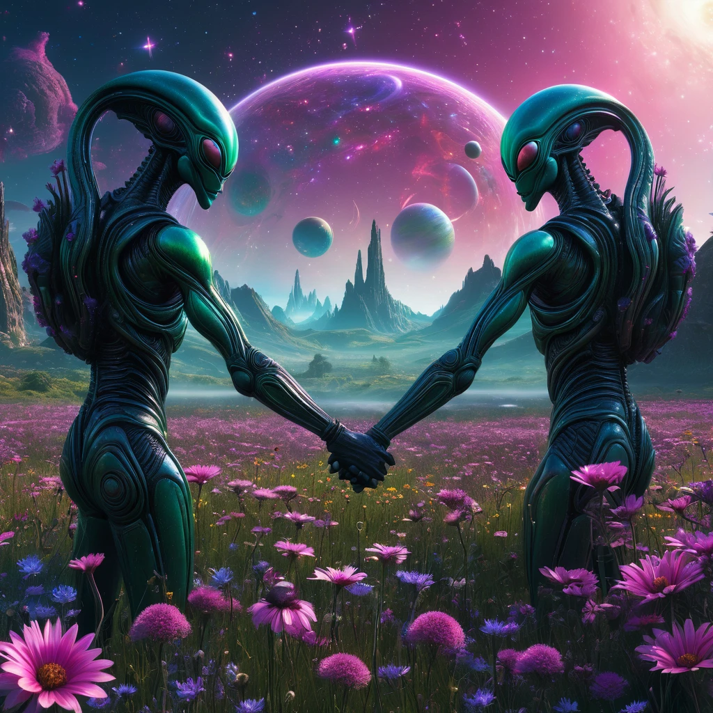 alien landscape, aesthetic, extremely detailed, Aliens holding hands in a circle in a meadow of alien flowers, galaxies and planets in the sky, detailed matte painting, deep color, fantastical, intricate detail, splash screen, complementary colors, fantasy concept art, 8k resolution trending on Artstation Unreal Engine 5