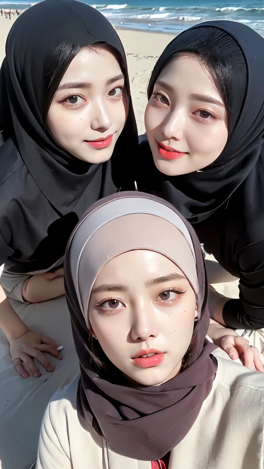 Girls in threesome, in hijab, ((Best quality, 8k, Masterpiece :1.37), many people in hijab, (girl threesome in hijab muslim), Big Breasts:1.5, (Sexy Body, Beautiful face, Ultra-Face HD, Facial Lighting , Light laughing lips, position:Lying on the Beach, Shooting from above, shooting from above, Big Breasts:1.5, (Full Body Photo), (three girls wearing Muslim hijabs), wearing Muslim hijabs, Beauty background Beach, (Afternoon Beach View, :1.1), very detailed face, red lip detail, eye detail, (Korean eyes), double eyelids, nose detail, leg detail, (threesome girl wearing Muslim hijab)