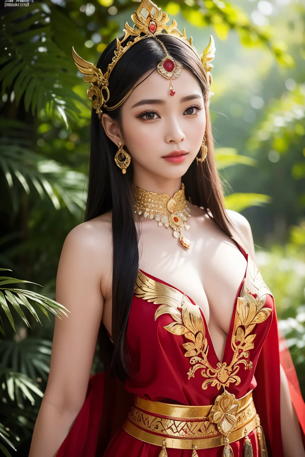 A woman dressed in a vibrant red Sukhothai costume adorned with a golden headdress stands proudly in the heart of the enchanting woods. With an air of traditional Asian beauty and the grace of a nature goddess, she captivates the eyes of all who gaze upon her. Exotic costumes hang from the trees, inspired by the masterful art of I Ketut Soki.
This beautiful fantasy empress, a goddess of nature, is depicted in an extremely detailed shot that showcases her every feature. Her beautiful exotic eyes are framed by the intricate lines of the Tai costume's design, and her large, Anusha-like cleavage is accentuated by