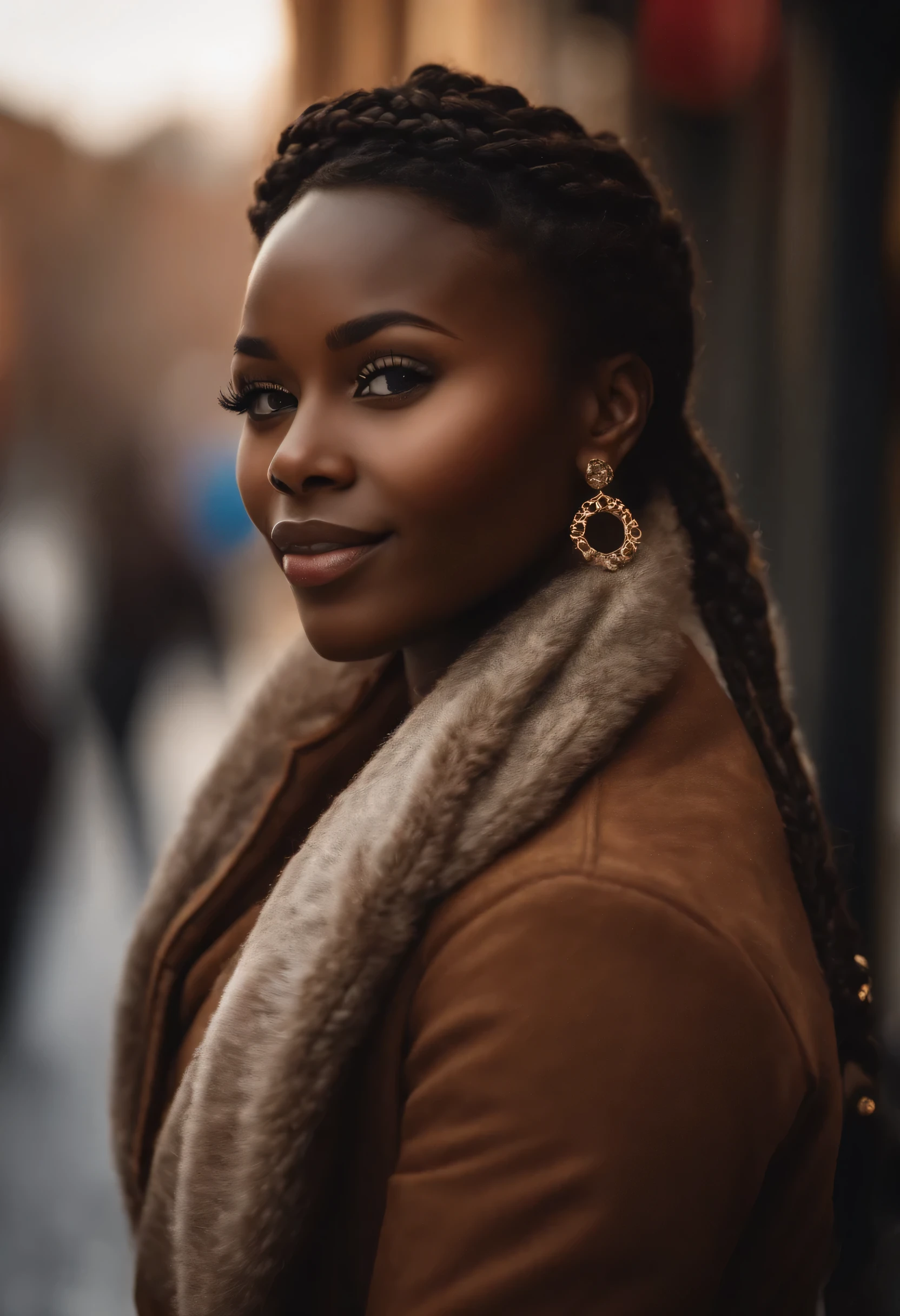 ((Very Dark African pele)), ((Very deep ebony pele)), ((your beauty is undeniable)), ((rosto fofo animado)), ((olhos perfeitos hiper detalhados)), ((Braided African Hair)), ((atitude brincalhona)), ((sedutor)), ((sensual)), ((pele)), ((Jaqueta quente de inverno)), ((Tights)), salto alto, Andando na rua comercial, superlotado, lojas, Natal, illustrations, ultra-detalhado, alta qualidade (Melhor qualidade, 4K, 8k, high resolution, obra de arte:1.2), retrato, cores vivas, tons de cores quentes, realista (photo-realista:1.37), atmosfera festiva, os sinos de tinir, flocos de neve, cena aconchegante de inverno, happy expression, soft lighting, ambiente de sonho, foto de corpo inteiro
