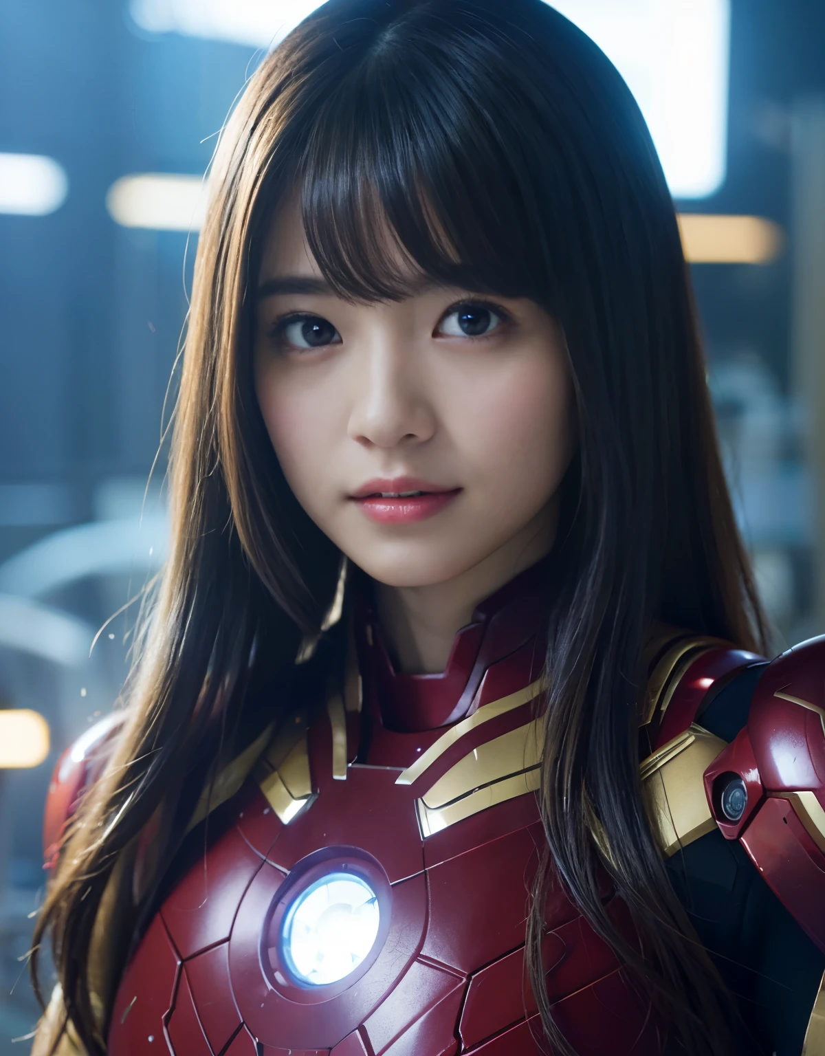 (1 girl)、highest quality、masterpiece、超A high resolution、(Photoreal:1.4)、Raw photo、1 girl、(He&#39;s wearing a super shiny Iron Man costume.)、Marvel characters、long sleeve,、blue iron man gloves、heavy gear、Portrait、Shadow、octane rendering、8K、super sharp、Metal、intricate decorative details、Japan details、very intricate details、Close-up、realistic light、(smile)、CG Society Trends、shining eyes、towards the camera、Small LED