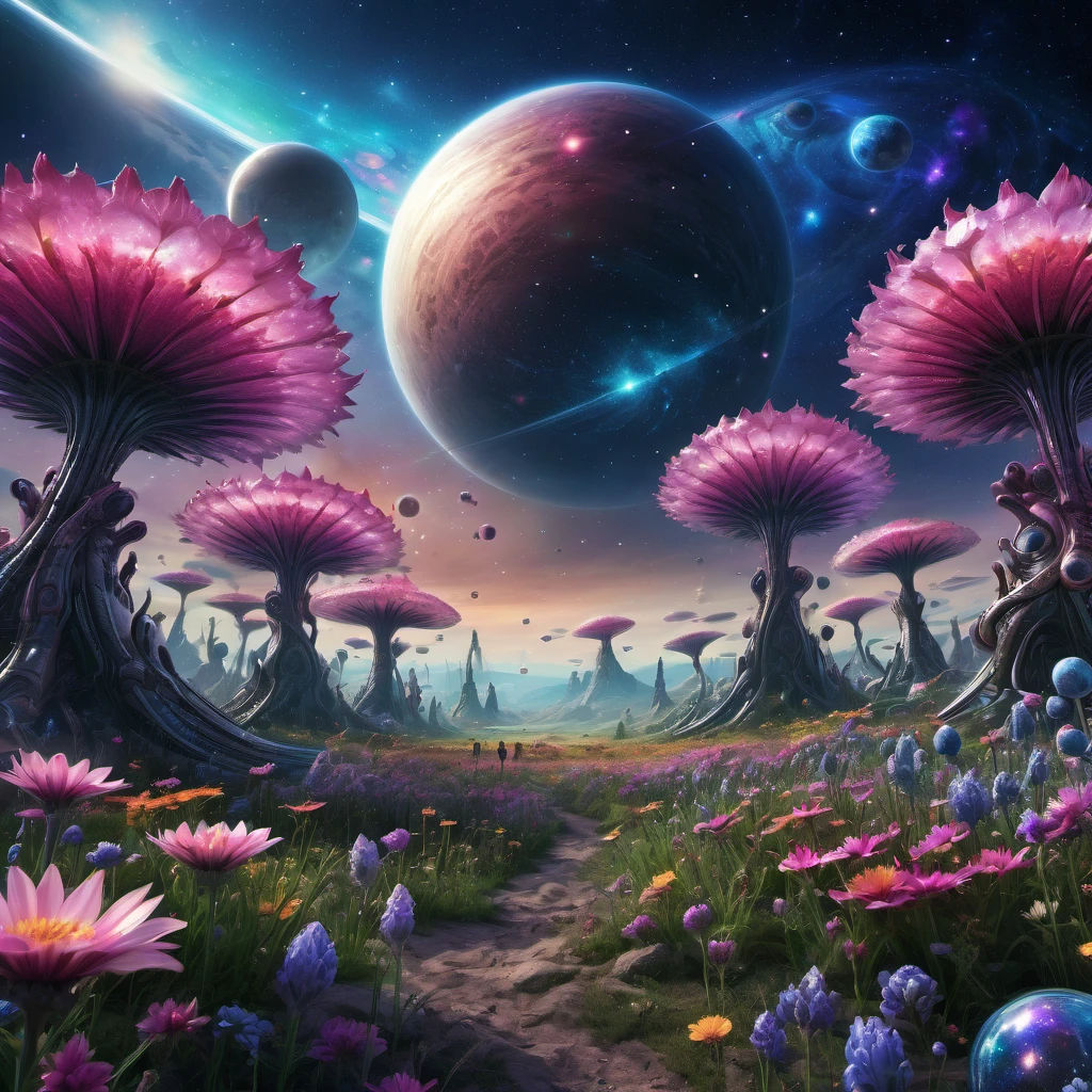 alien landscape, aesthetic, extremely detailed, Aliens holding hands in a circle in a meadow of alien flowers, galaxies and planets in the sky, detailed matte painting, deep color, fantastical, intricate detail, splash screen, complementary colors, fantasy concept art, 8k resolution trending on Artstation Unreal Engine 5