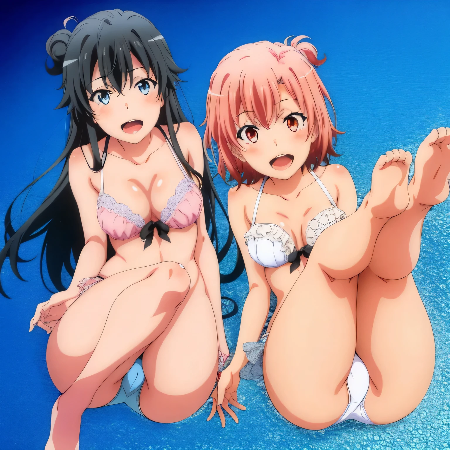 2 girls , Yukinoshita Yukino , yuigahama yui'bust and thighs are great,In underwear,spread your legs,jump,Ocean,positively,belly button,light pink panties,white panties,thighs,knees,(high angle),(beautiful eyes),open mouth smile,Insert your head