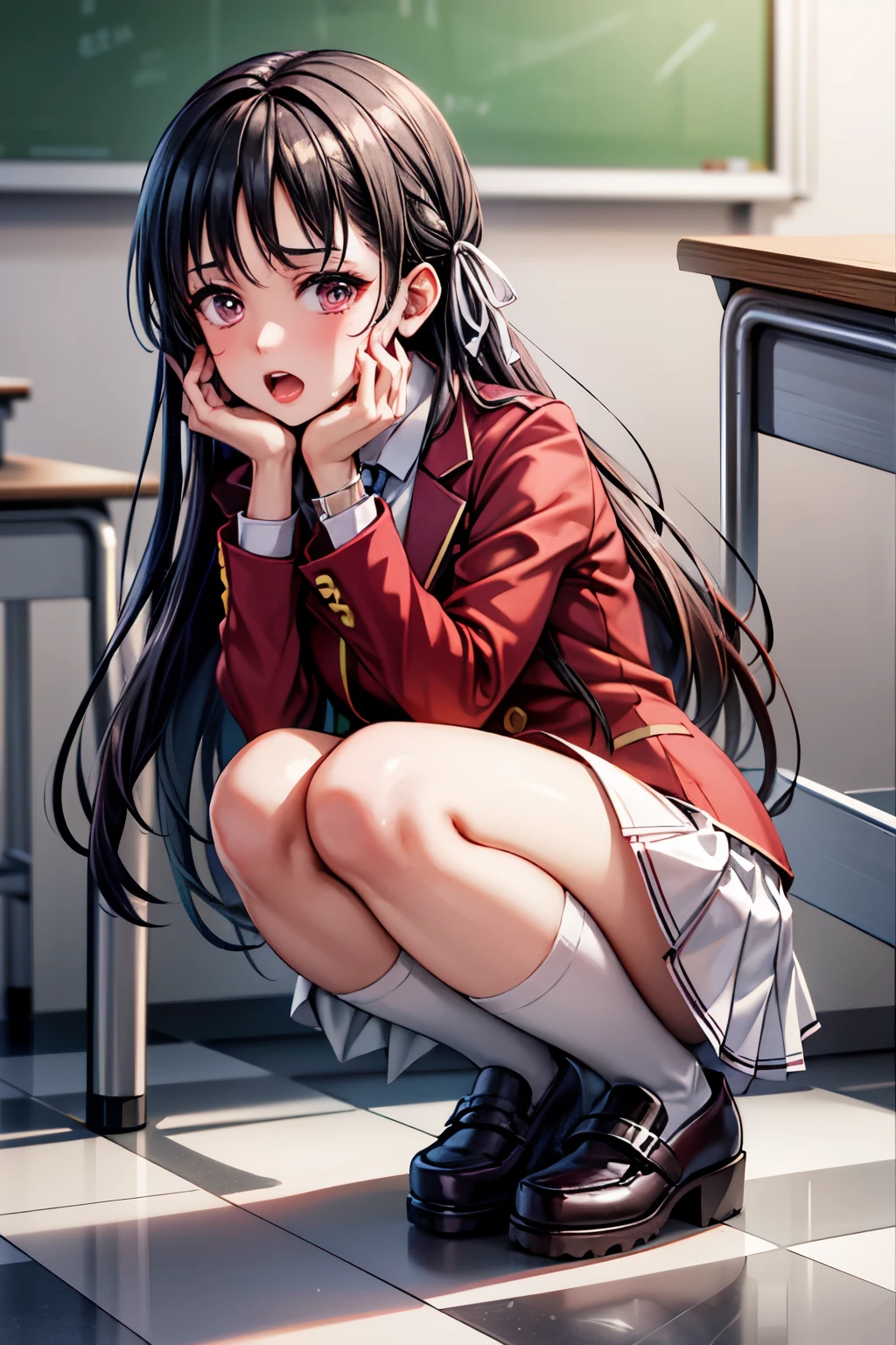 ((best quality)), ((masterpiece)), (detailed), perfect face, 1girl, pettied highschool girl, black hair, red/purple eyes, white shirt, white mini skirt, red jacket, black high socks, crouching on a floor in a classroom, looking up at viewer, flushed cheeks, drops of sweat rolling down her face, looking embarressed, open mouth, detailed, 8k, high resolution, masterpiece, horikita suzune, classroom of the elite, full body