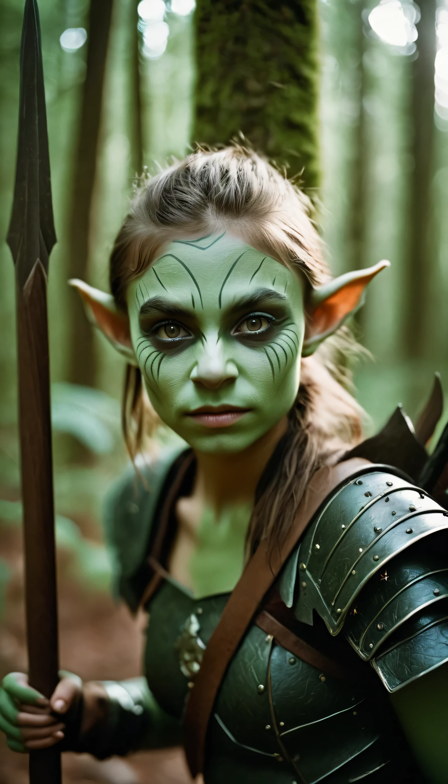 analog film photo, photo of young goblin warrior, female, -old, gresh skin, diminutive build, pointy ears, upturned nose, slitted pupils, pretty, natural beauty, mystical forest, RAW Photograph, dslr, soft lighting, high quality, film grain, Fujifilm XT3, detailed skin with visible pores, insane details, masterpiece, 8k, 35mm photograph, dslr, kodachrome, faded film, desaturated, 35mm photo, grainy, vintage, Kodachrome, Lomography, stained, highly detailed, found footage, close-up shot 