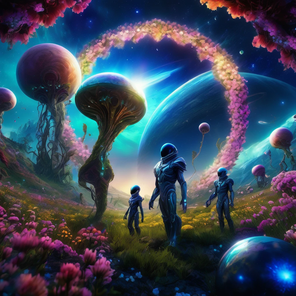 alien landscape, aesthetic, extremely detailed, Aliens holding hands in a circle in a meadow of alien flowers, galaxies and planets in the sky, detailed matte painting, deep color, fantastical, intricate detail, splash screen, complementary colors, fantasy concept art, 8k resolution trending on Artstation Unreal Engine 5