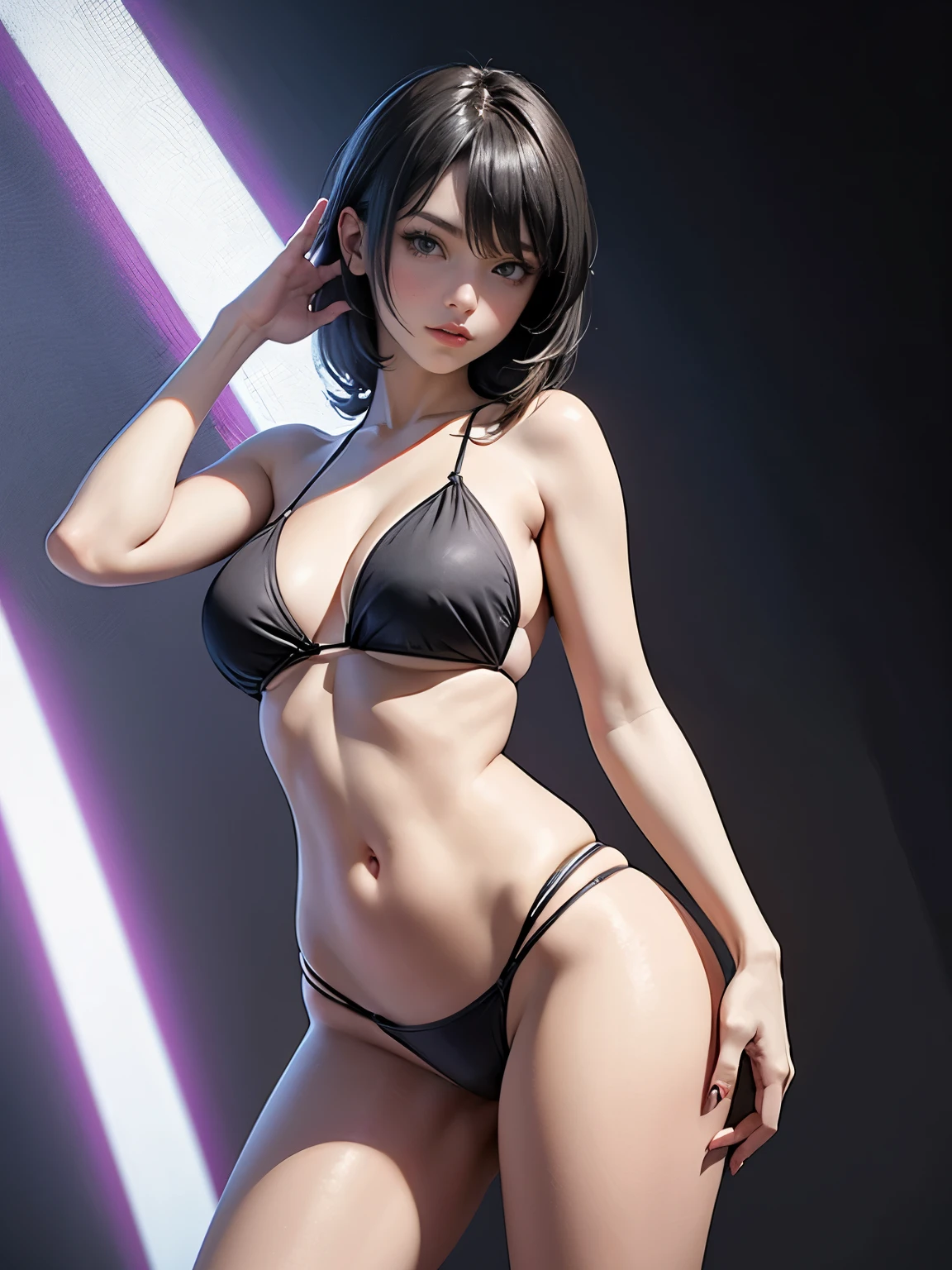 Arafed woman in black bikini posing for photo, seductive anime girl, real anime girl, anime girl cosplay, hyper realistic anime,  cyberpunk, pose with hands behind body!, put your hands behind her pose!, perfect android girl, beautiful attractive anime woman, attractive anime girl, Real young gravure idol, 2b, 2b, attractive pose