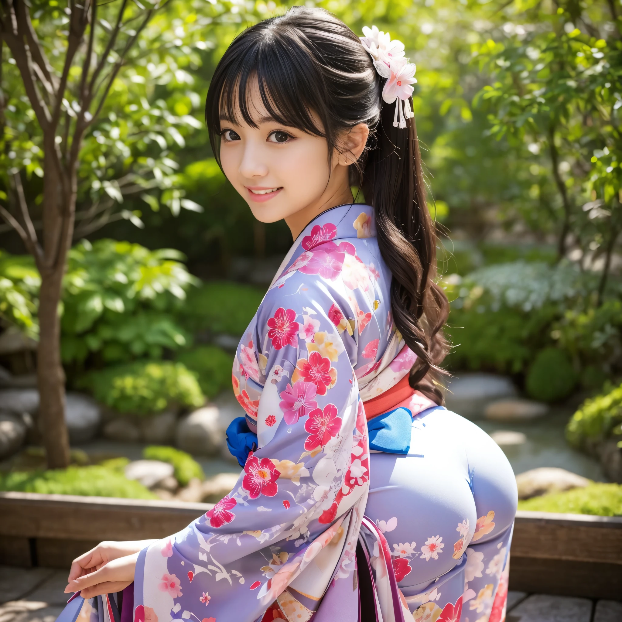 Best-quality, Masterpiece, Ultra-High-Resolution, (Photorealistic:1.4), Raw-Photo, 1girl, the most famous Japanese idol, wearing Japanese-KIMONO with sexy-design, ((upturned ass)), extremely cute face like the most popular Japanese idol, extremely beautiful big-black-eyes, extremely beautiful hair, extremely beautiful skins, extremely beautiful long-eyelashes, extremely beautiful lips, looking at viewer, innocent-smile, detailed Japanese-KIMONO-with-sexy-design