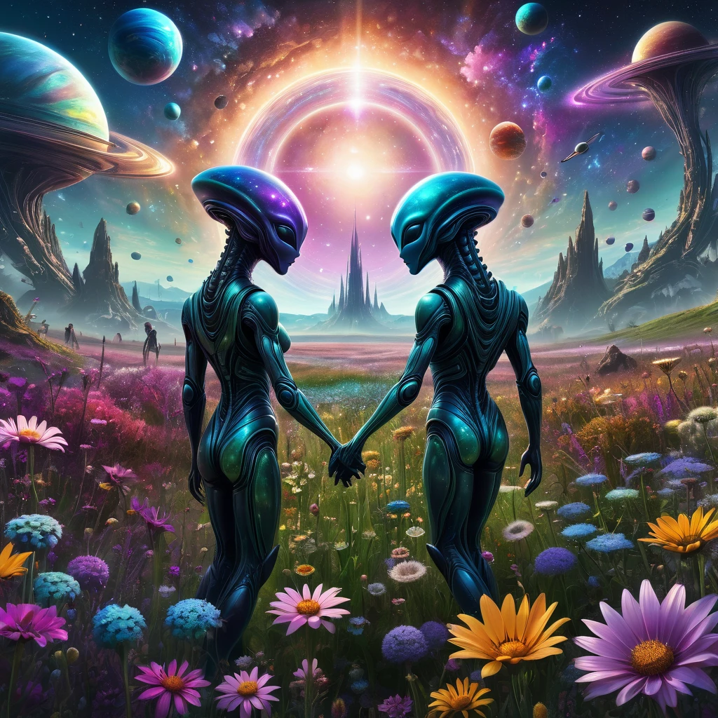 alien landscape, aesthetic, extremely detailed, Aliens holding hands in a circle in a meadow of alien flowers, galaxies and planets in the sky, detailed matte painting, deep color, fantastical, intricate detail, splash screen, complementary colors, fantasy concept art, 8k resolution trending on Artstation Unreal Engine 5