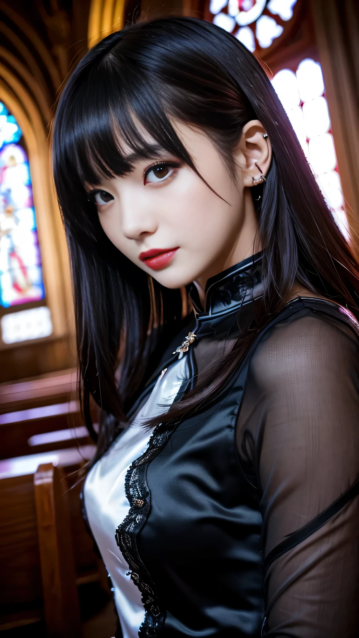 ltra-detailed、Japanese、attractive beauty、seductive adult woman、pretty woman、piercing eyes、cool girl、wavy hair、swept bangs、Long Black Cheongsam、wide sleeves、Evil cadres、evil depravity、brainwash、mind control、apply lipstick、smirk、evil look、evil、empty eyes、evil、church at night、vampire、vampire、succubus、Possessed and blackened、