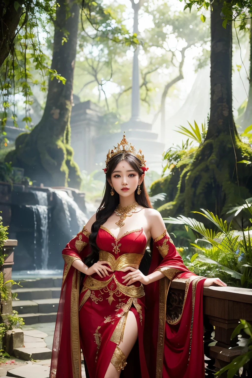 In the heart of a mystical forest, a woman dressed in a vibrant red Sukhothai costume adorned with intricate golden headdress stands proudly. Her ethereal beauty, reminiscent of a traditional Asian nymph or nature goddess, radiates exotic allure. The forest, with its lush greenery and serene ambiance, seems to come alive around her. This enchanting scene is inspired by the masterful creations of the renowned artist I Ketut Soki.

This enlarged, extremely detailed goddess shot captures the elegance of the woman's Tai costume, its bright colors and intricate design portraying her as a beautiful fantasy