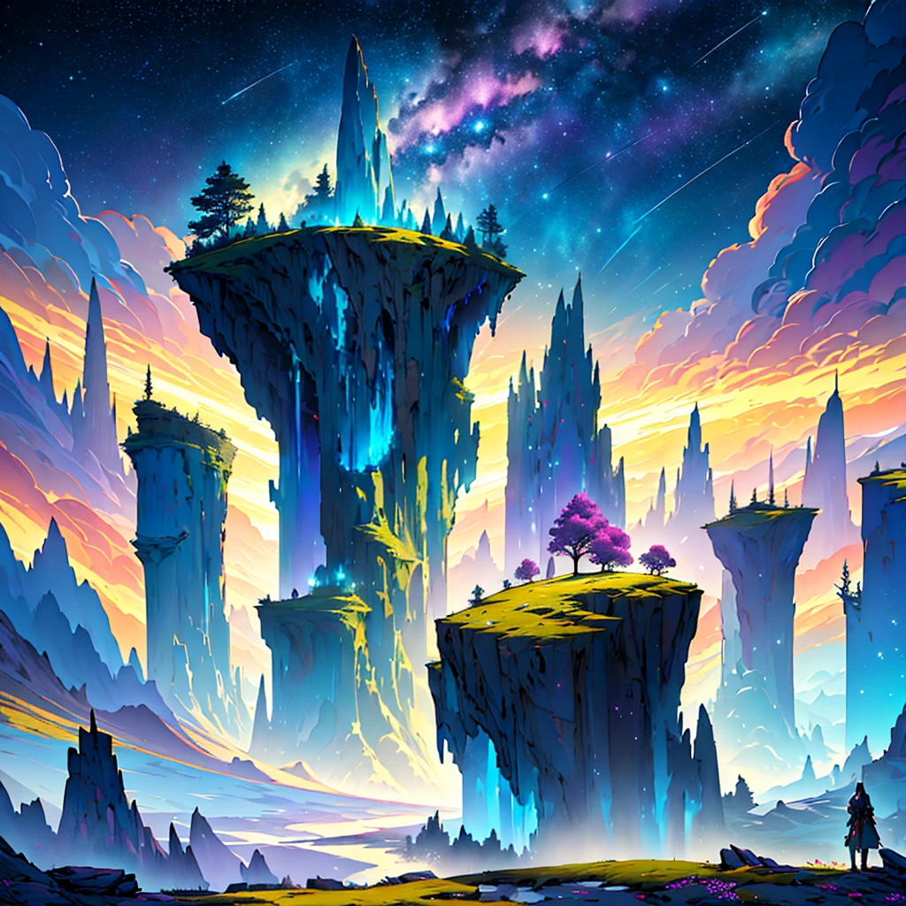 alien landscape,unearthly colors,dark and mysterious atmosphere,ethereal lighting,exotic plants and trees,unfamiliar geological formations,surreal sky with multiple moons and nebulae,otherwordly creatures,luminous crystals and glowing rocks,whispering winds,twisted and distorted horizon,extraterrestrial ruins,cascading waterfalls,pulsating flora and fauna,mystical energy fields,enchanted floating islands,abandoned spaceship wreckage,cosmic dust and shimmering particles,magical portals to other dimensions,ominous silence in the air,celestial constellations and star clusters,alien civilization remnants,transcendent and dreamlike scenery,distant celestial bodies in the horizon,strange rock formations emitting vibrant light,unimaginable beauty blended with eerie mysteriousness,(best quality,highres),vivid and vibrant colors,impressive depth and realism,lifelike detailing,sublime and awe-inspiring environment,dreamy and surreal ambiance,mesmerizing and captivating vista,surrealistic and mystical sensation.