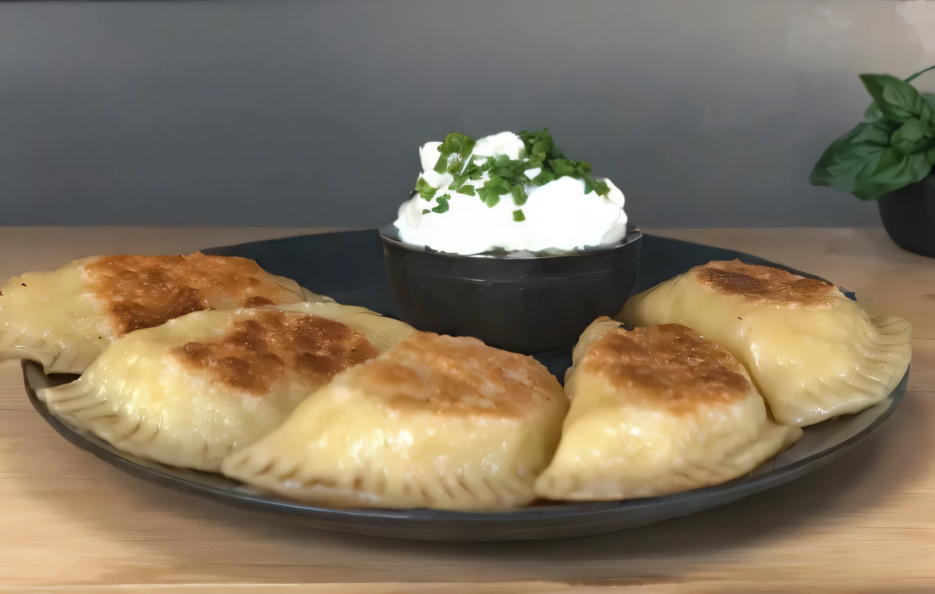 there is a plate of dumplings with a small bowl of sour cream, dumplings on a plate, polish food, 4 0 9 6, salmon khoshroo, easy, super realistic food picture, incredibly realistic, basil gogos, cooked, ❤🔥🍄🌪, inspired by Slava Raškaj, inspired by Géza Dósa, vtm