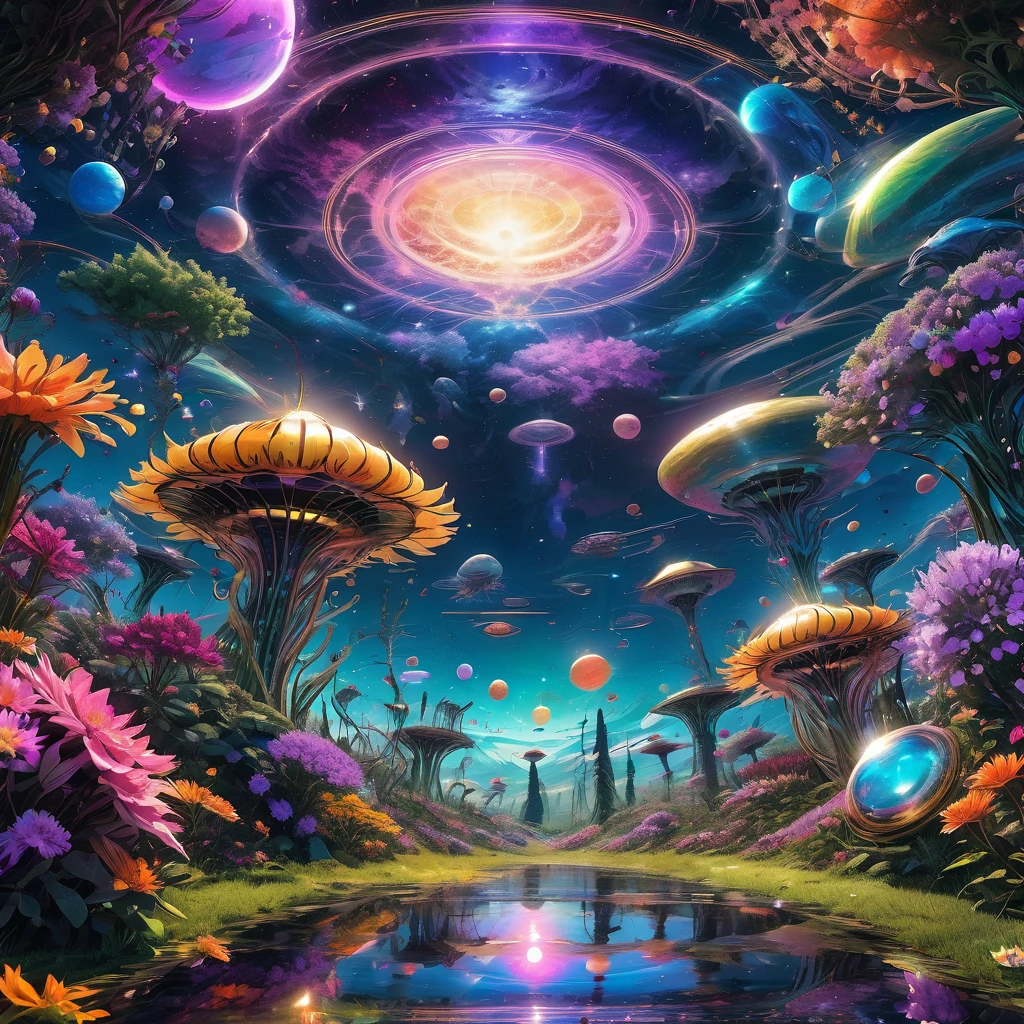 alien landscape, aesthetic, extremely detailed, Aliens holding hands in a circle in a meadow of alien flowers, galaxies and planets in the sky, detailed matte painting, deep color, fantastical, intricate detail, splash screen, complementary colors, fantasy concept art, 8k resolution trending on Artstation Unreal Engine 5