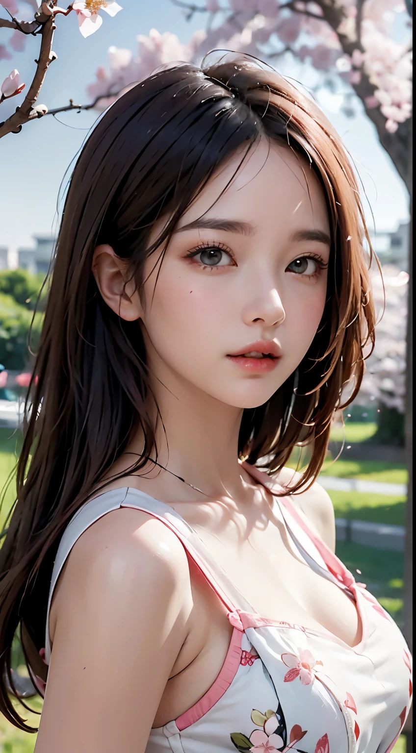 Mustepiece, top quality, illustration, ultra-definition, fine details, high resolution, 8K wallpaper, perfect dynamic composition, beautiful detailed eyes, wearing a dress, natural colored lips, random cute pose, perfect and beautiful face, cute, y face, sunset, ecsce, feminine face, (cherry blossoms, cherry blossoms, falling cherry blossom petals, cherry blossom blizzard, falling petals), waving in the wind Hair, hair fluttering, pink cherry blossoms, petals dancing, cherry blossom snowstorm, wonderful scenery, sunrise, background sun, wind,