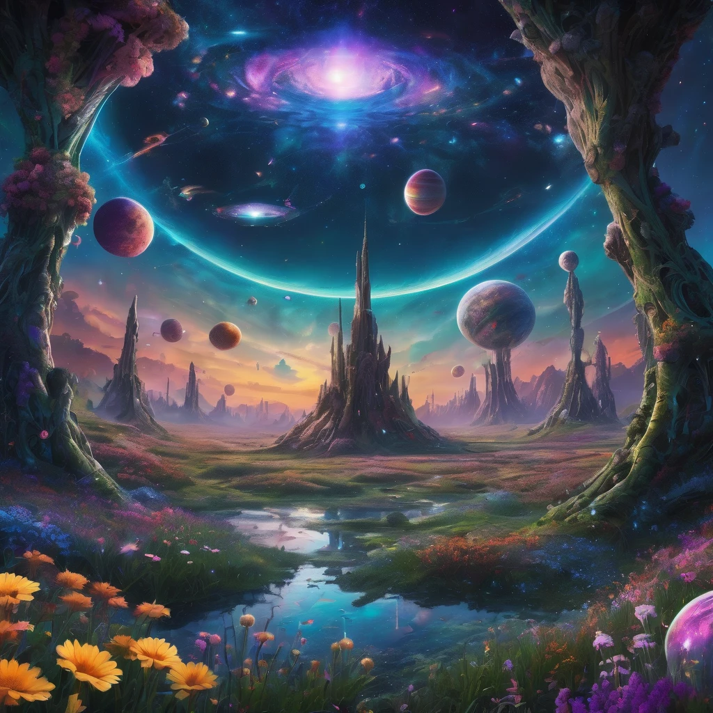 alien landscape, aesthetic, extremely detailed, Aliens holding hands in a circle in a meadow of alien flowers, galaxies and planets in the sky, detailed matte painting, deep color, fantastical, intricate detail, splash screen, complementary colors, fantasy concept art, 8k resolution trending on Artstation Unreal Engine 5