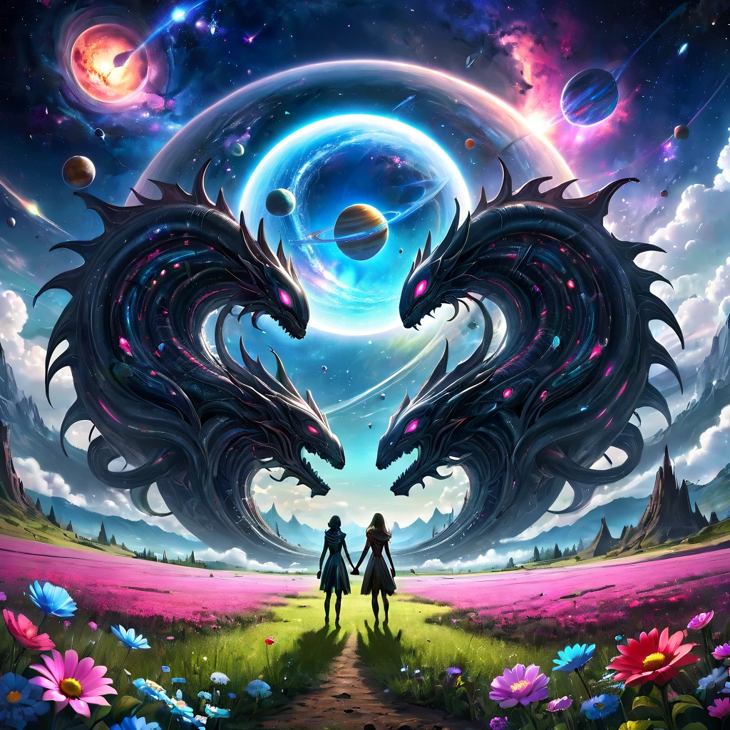 alien landscape, aesthetic, extremely detailed, Aliens holding hands in a circle in a meadow of alien flowers, galaxies and planets in the sky, detailed matte painting, deep color, fantastical, intricate detail, splash screen, complementary colors, fantasy concept art, 8k resolution trending on Artstation Unreal Engine 5