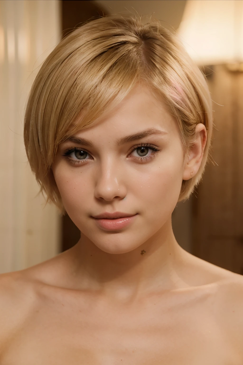 a blonde woman with short hair, brown eyes, a beautiful face with slightly pink cheeks and a sweet look