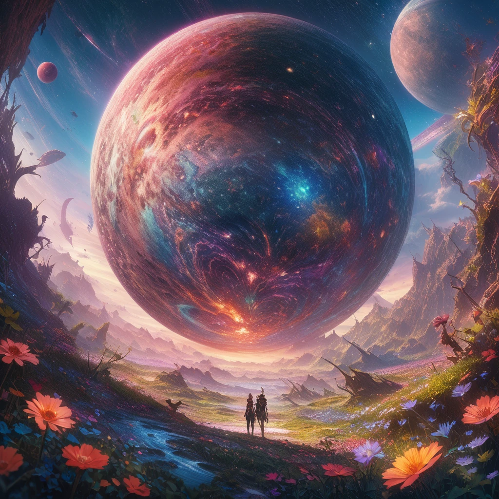 alien landscape, aesthetic, extremely detailed, Aliens holding hands in a circle in a meadow of alien flowers, galaxies and planets in the sky, detailed matte painting, deep color, fantastical, intricate detail, splash screen, complementary colors, fantasy concept art, 8k resolution trending on Artstation Unreal Engine 5