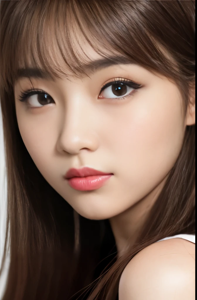 Close-up of a woman with long brown hair and pink lipstick, cute realistic portrait, beautiful japanese girl face, young adorable nihonnjinn person's face, korean girl, HARA NANOKA, detailed face of asian girl, beautiful asian girl, beautiful realistic face, beautiful girl model, realistic anime, beautiful young korean woman, long brown hair with bangs