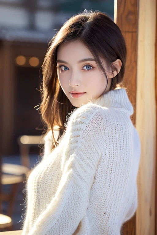 (table top:1.3, Photoreal:1.4, 8K), highest quality, masterpiece, 超A high resolution, perfect dynamic composition, Highly detailed skin and facial textures:1.3, detailed eye, Detail of limbs, cold winter, 1 girl, Cute sexy slim woman in her 20s, Fair skin, (A high neck sweater made of white long sleeve mohair knit that covers the neck., Skin hides), (beautiful blue eyes, Eyes that feel beautiful eros:0.85), sexy face:0.4, ((Too cute beauty:0.9))、(standing facing straight ahead:1.5)