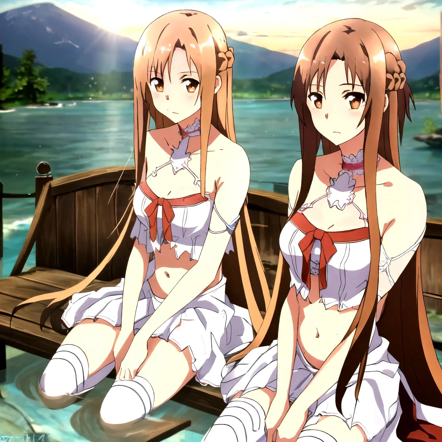 epic realistic, Asuna Yuuki, light brown hair autumn coat, (sitting on a bench:1.1), park, summer, best quality, natural, perfect, raw, intricate, high quality, exposure blend, (natural skin texture, soft light, sharp:1.2), hyperdetailed, (artstation:1), warm lights, dramatic light, (intricate details:1.2), vignette, complex background, medium breasts, long hair, (half submerged on water), (1girl), white lace legwear, white panties, (white lace-trimmed dress), white bra